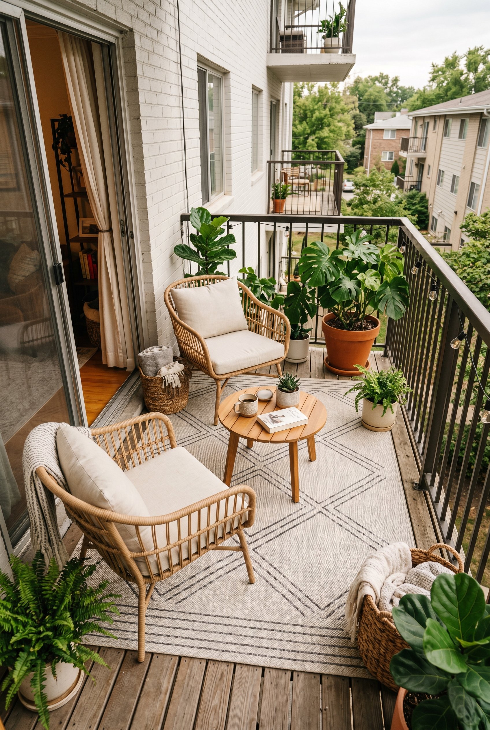 Photorealistic exterior photo. Boho modern patio setup, 100% recycled PET outdoor rug in a subtle geometric pattern, wicker chairs, diffused afternoon light, top-down angle. Editorial photography styl