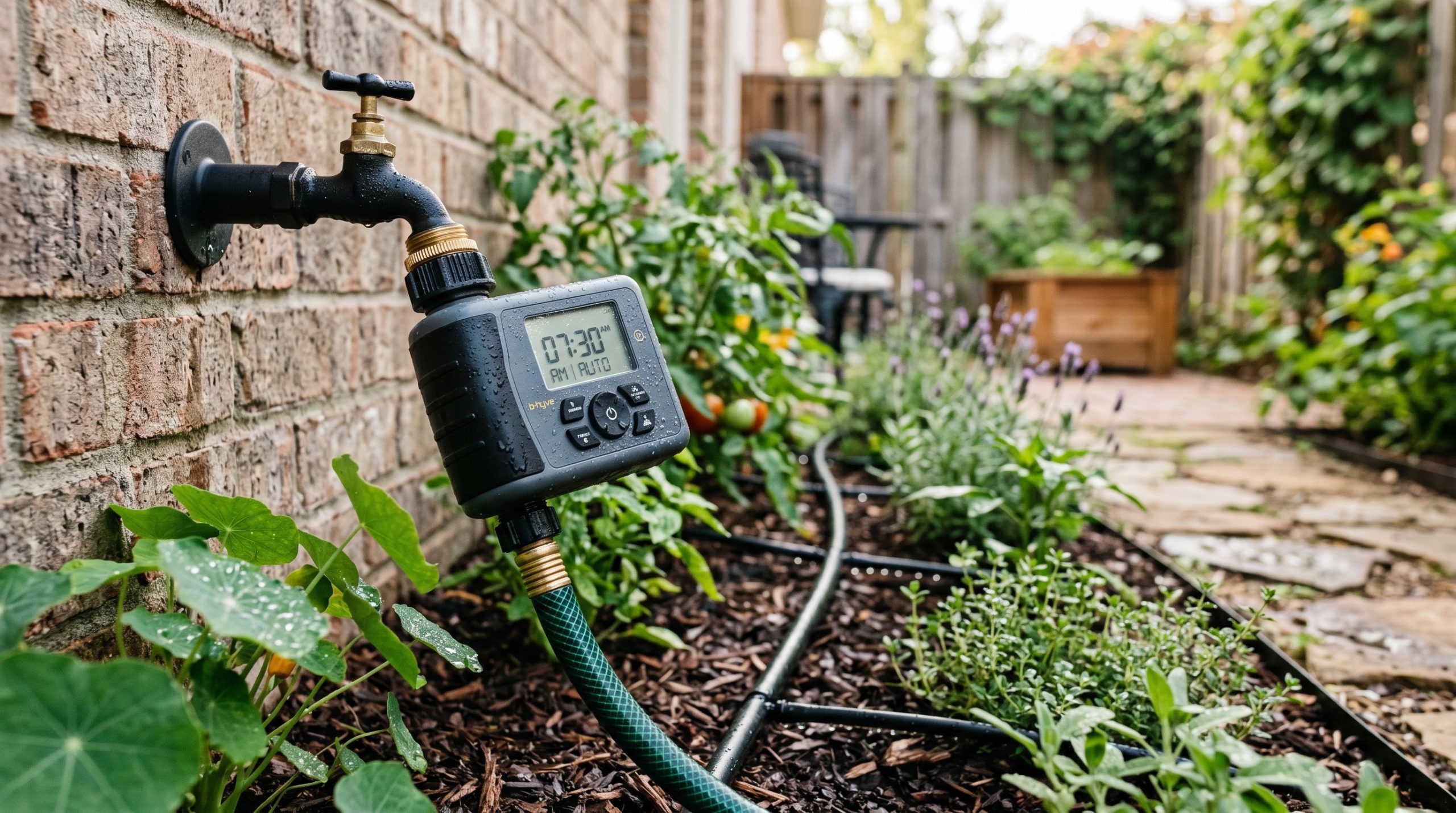 Photorealistic exterior photo. Close up of a smart hose timer attached to a modern matte black outdoor faucet, neat drip irrigation lines running into garden beds, morning dew, macro angle. Editorial 