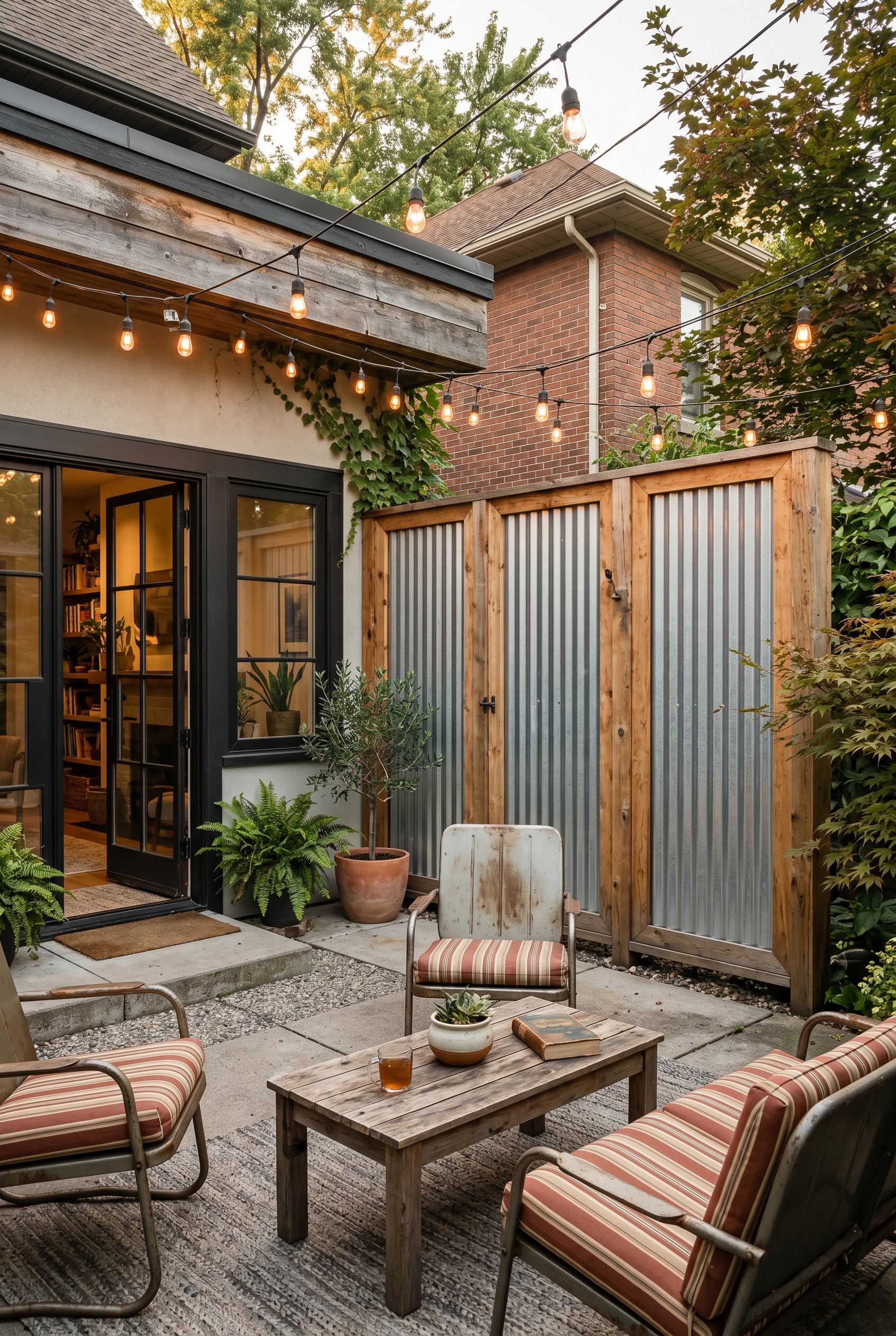 Photorealistic exterior photo. Corrugated galvanized metal panel neatly framed in thick cedar wood boards, acting as a privacy wall on an industrial-modern patio. String lights above. Late afternoon l