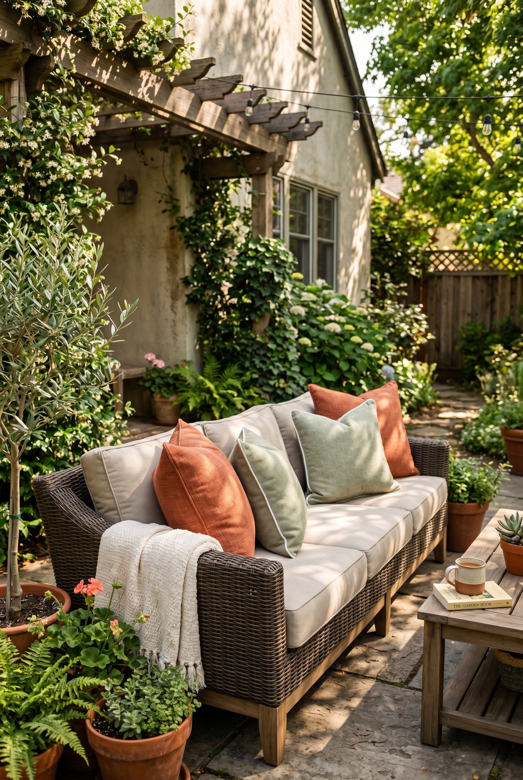 Photorealistic exterior photo. Deep seating outdoor sofa covered in fade-resistant Sunbrella fabric pillows in terracotta and sage green, dappled sunlight, close-up angle. Editorial photography style,
