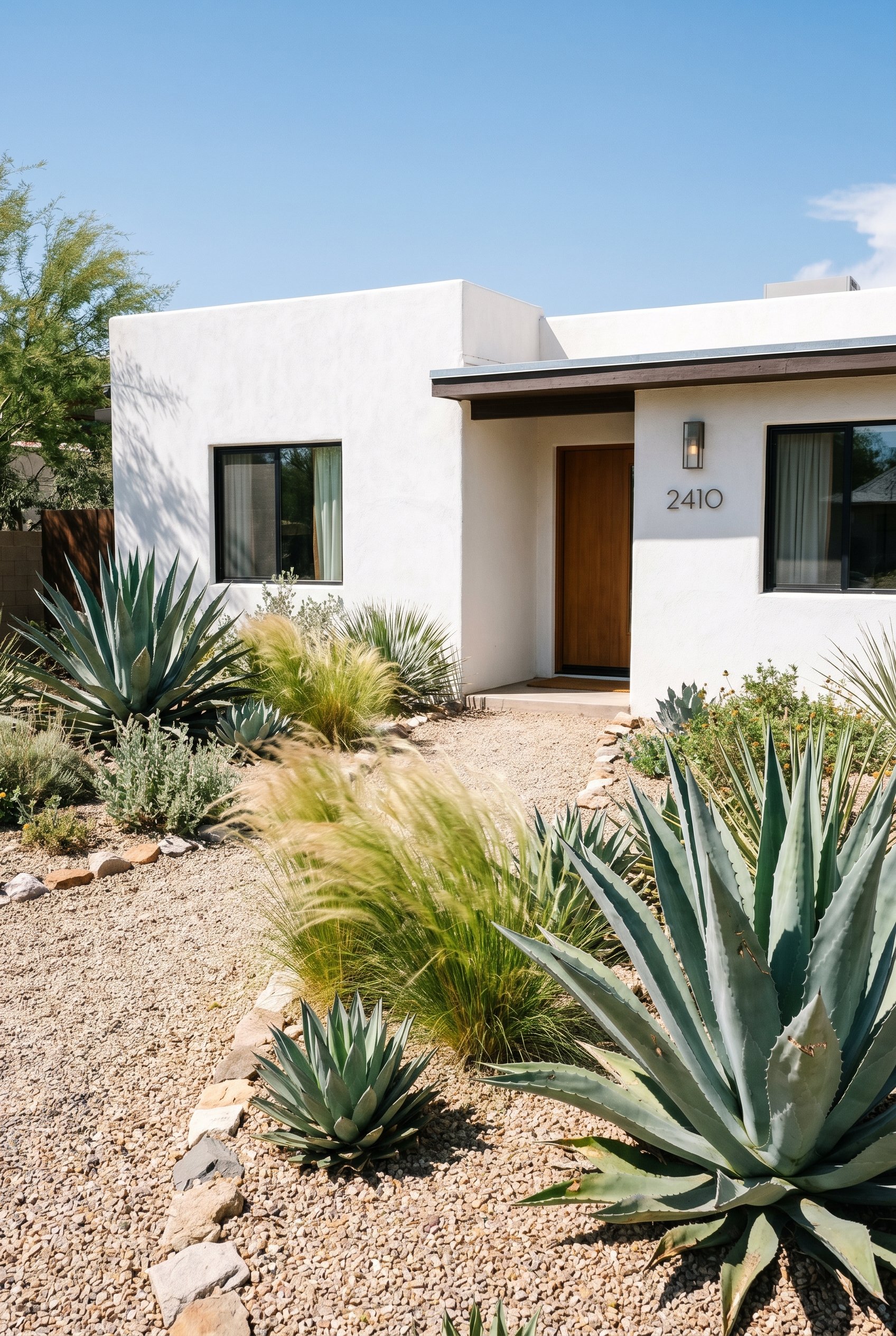 Photorealistic exterior photo. Desert modern landscaping, large structural agave plants, feather reed grass swaying, white stucco wall background, bright harsh lighting, wide shot. Editorial photograp