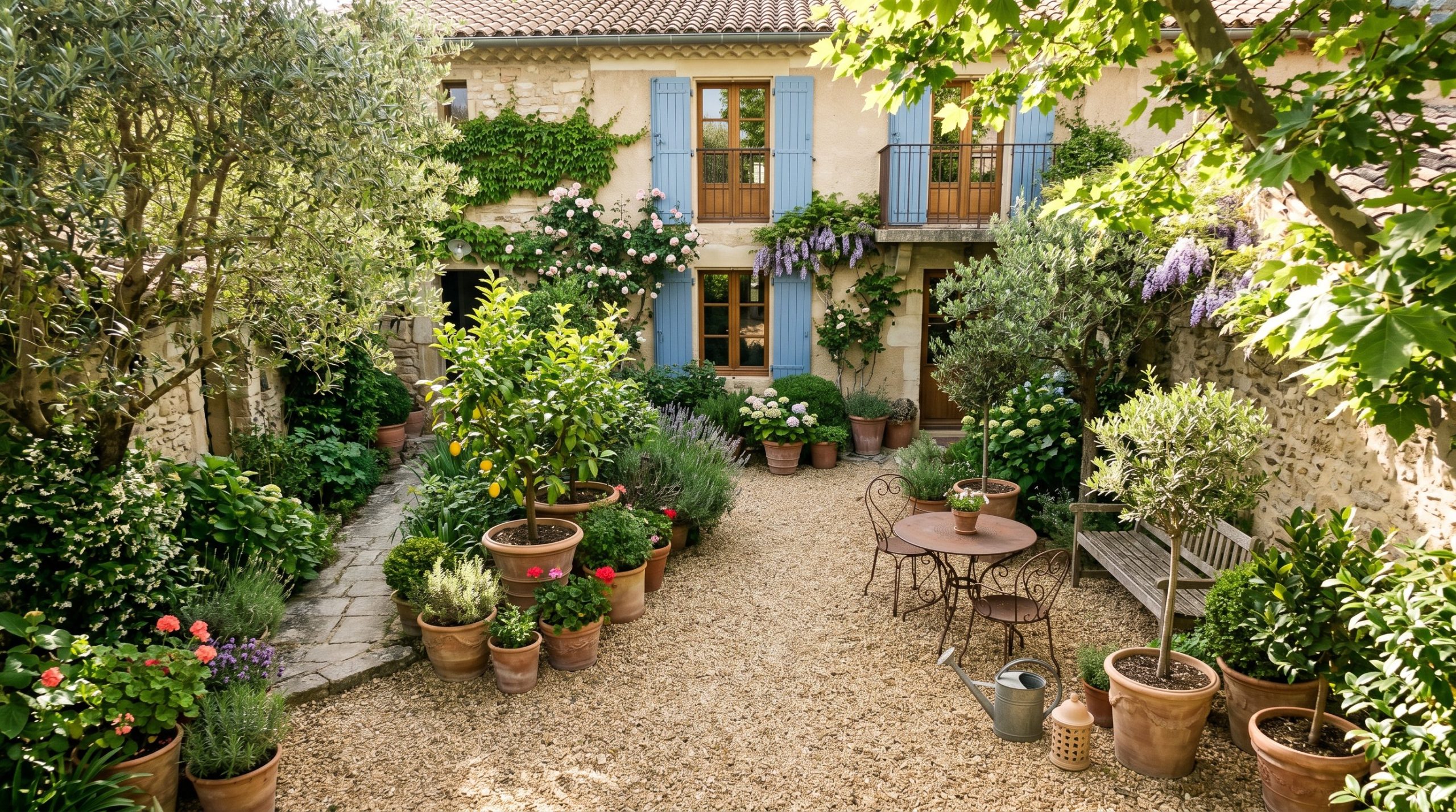 Photorealistic exterior photo. French courtyard style garden, crunchy pea gravel ground cover, terracotta pots, dappled sunlight through trees, overhead angle. Editorial photography style, no people v