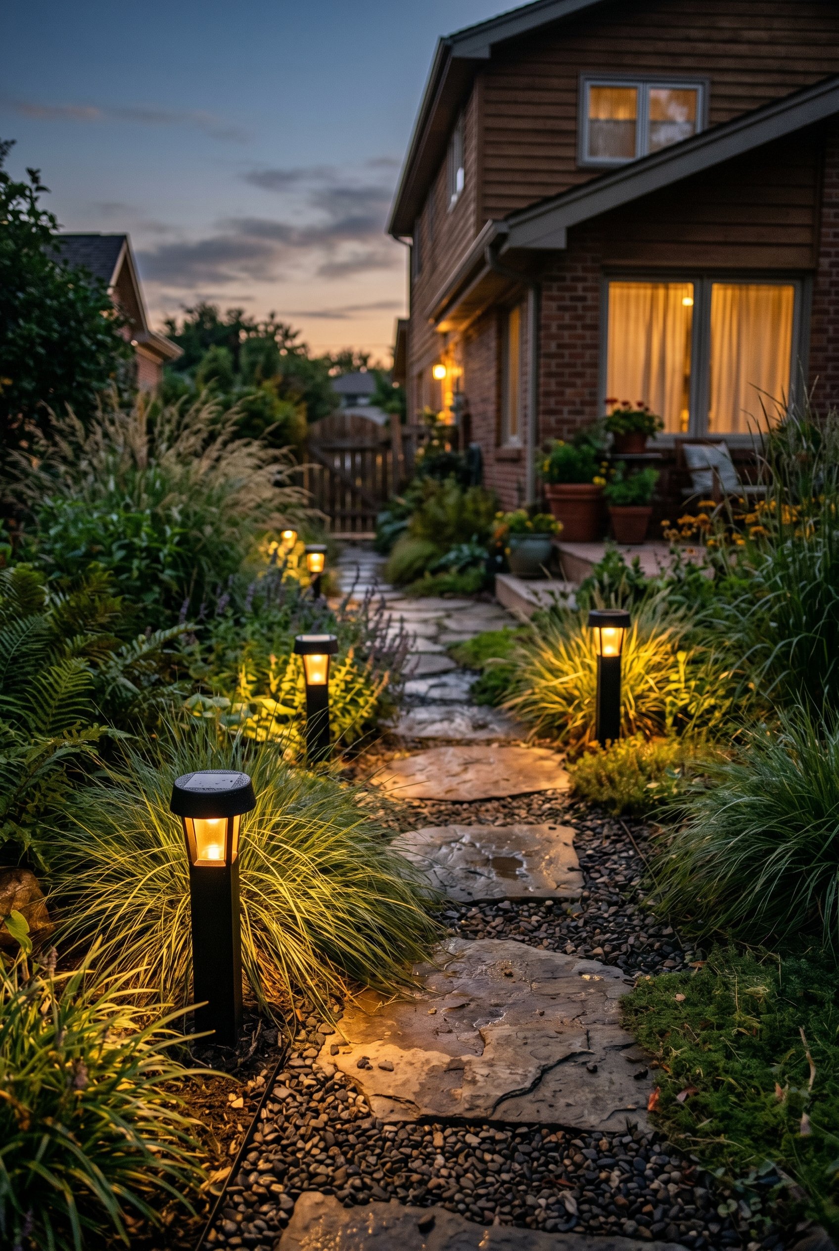Photorealistic exterior photo. Garden pathway at dusk, matte black solar smart lights illuminating native grasses, warm amber glow, low angle close-up. Editorial photography style, no people visible.