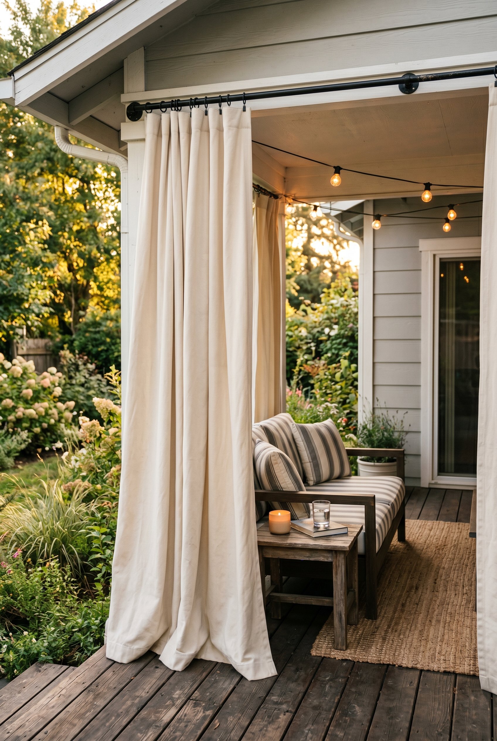 Photorealistic exterior photo. Heavy cream canvas outdoor curtains hanging from a black iron pipe on a covered patio. The curtains hang straight down, softly touching a wooden deck. Soft golden hour l