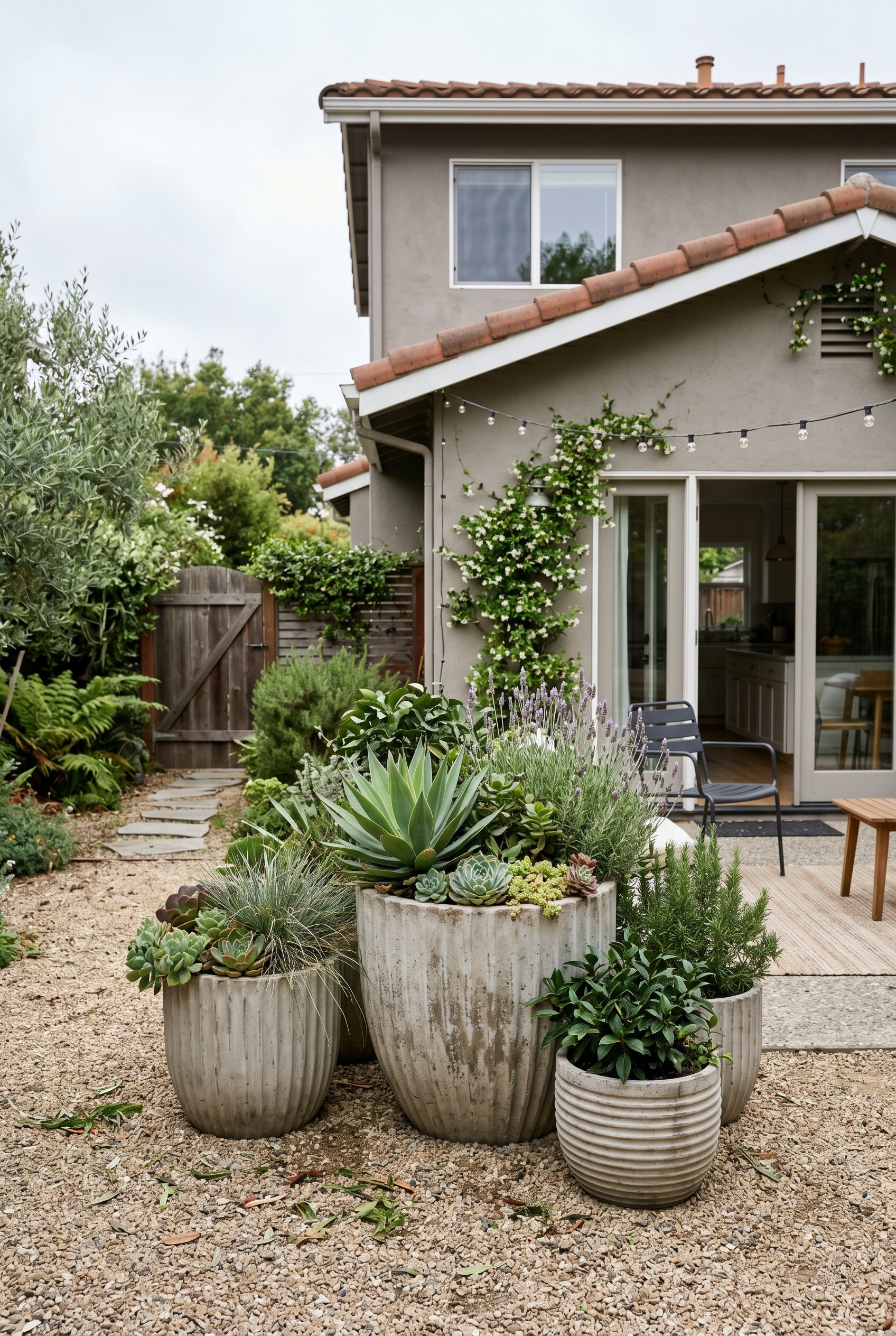 Photorealistic exterior photo. Massive ribbed concrete planters filled with lush drought-tolerant plants, sitting on a gravel patio, soft overcast lighting, eye-level angle. Editorial photography styl