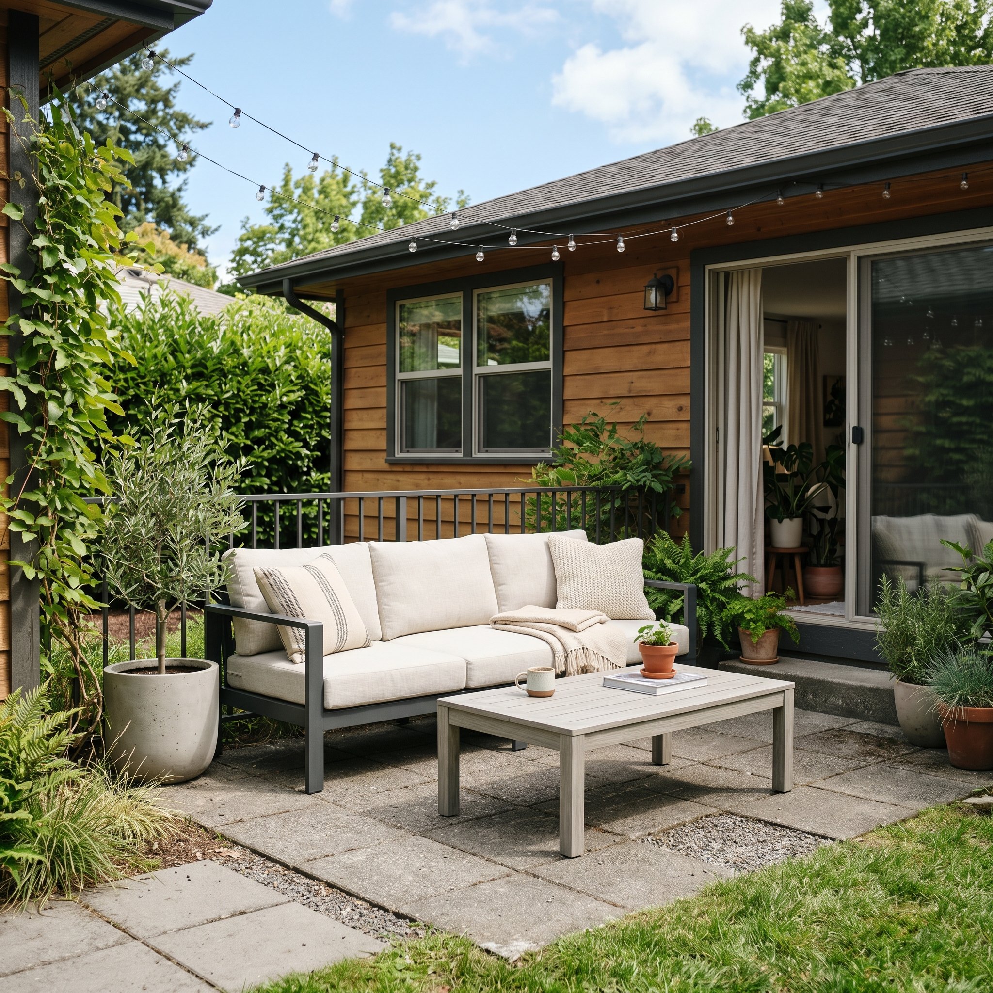 Photorealistic exterior photo. Minimalist outdoor patio, sleek powder-coated aluminum sofa from CB2 with neutral cushions, polywood coffee table, bright midday sunlight, eye-level angle. Editorial pho