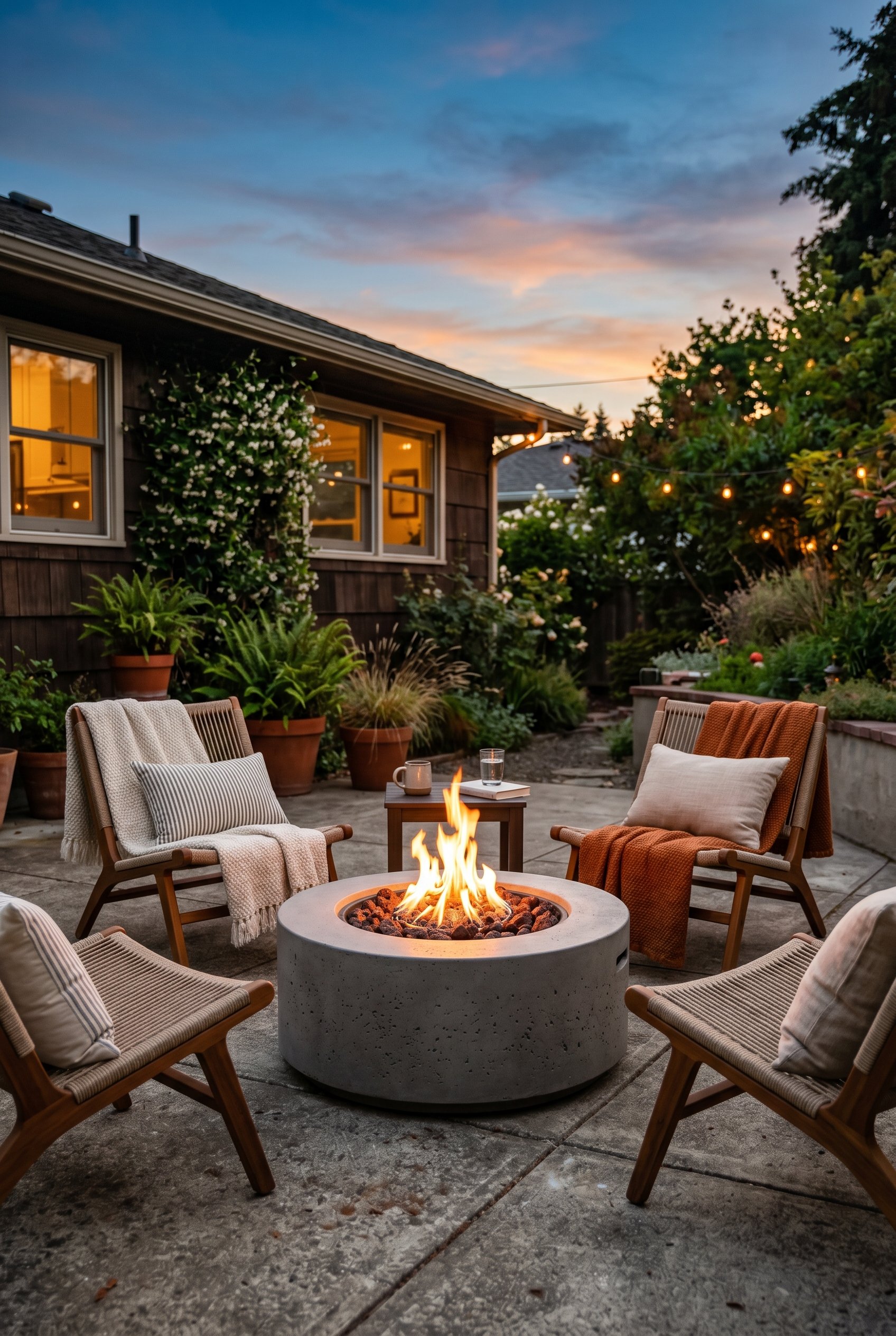 Photorealistic exterior photo. Minimalist round concrete propane fire pit from Article, flame on, surrounded by low slung chairs, evening twilight, low angle. Editorial photography style, no people vi