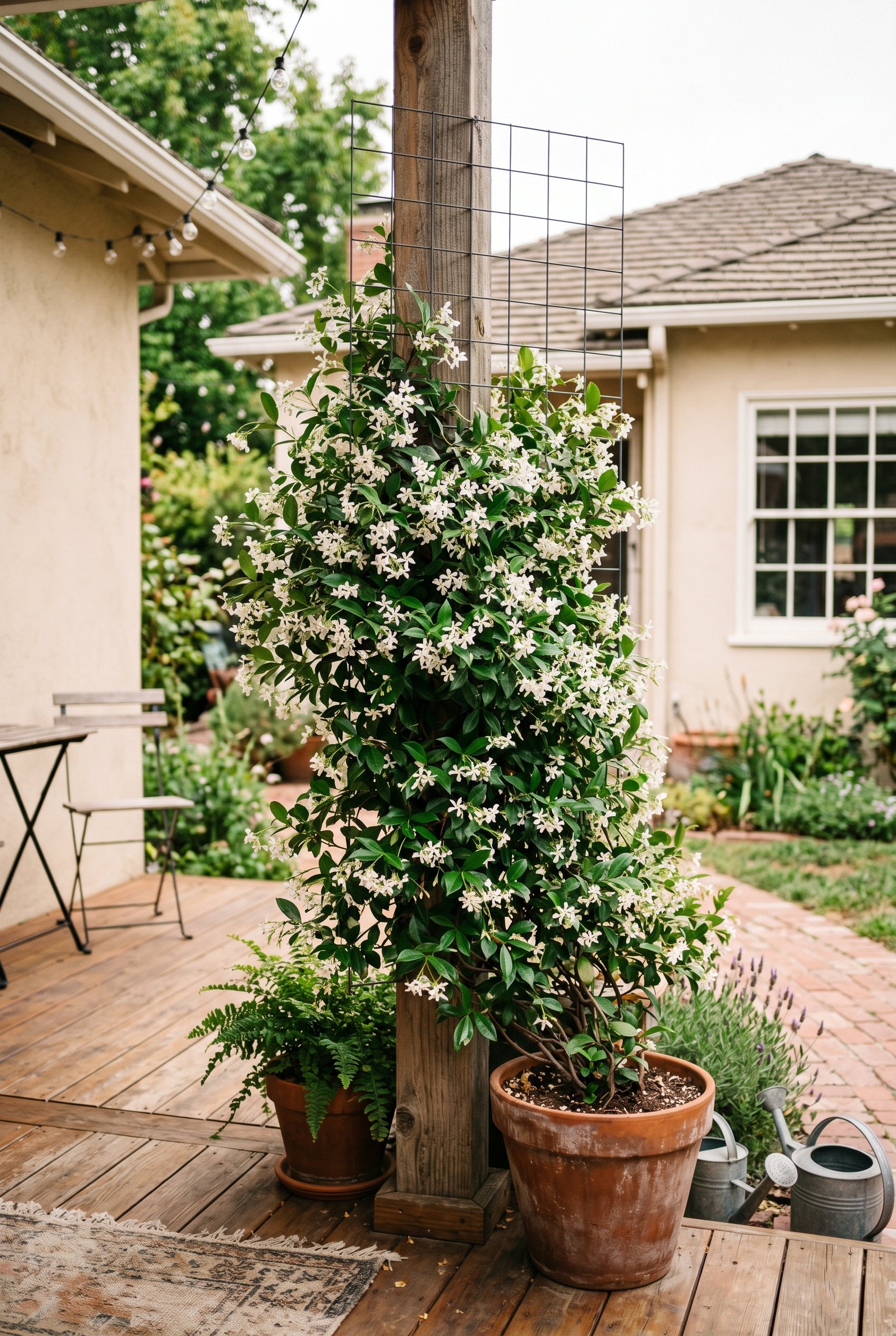 Photorealistic exterior photo. Minimalist wire grid trellis attached to a wooden patio post, covered in dense, blooming white Star Jasmine vines. Terracotta pot at the base. Soft natural lighting, edi