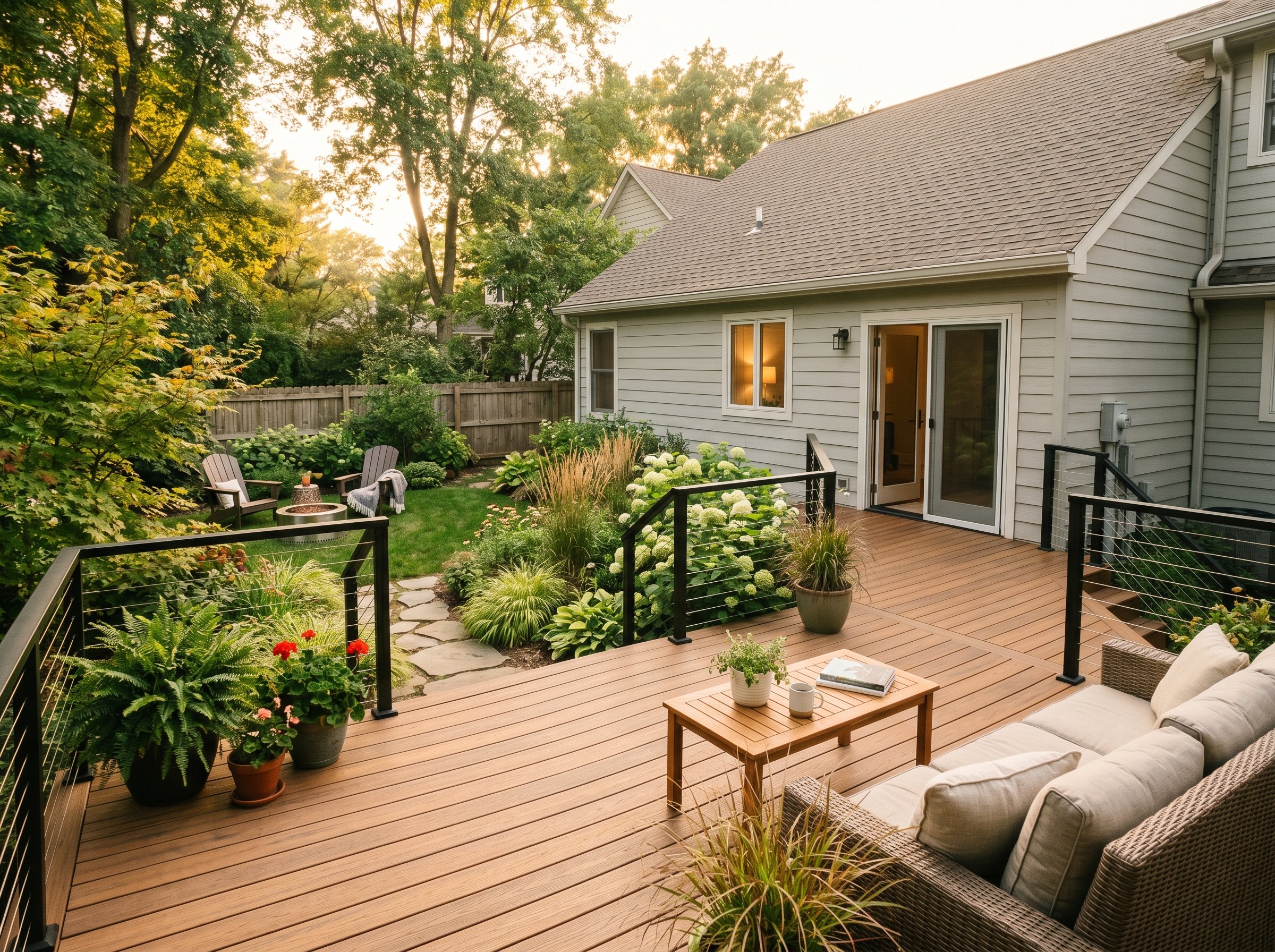 Photorealistic exterior photo. Modern backyard, wide Trex composite decking in warm oak tones, minimal black metal railing, soft golden hour lighting, wide angle shot. Editorial photography style, no 
