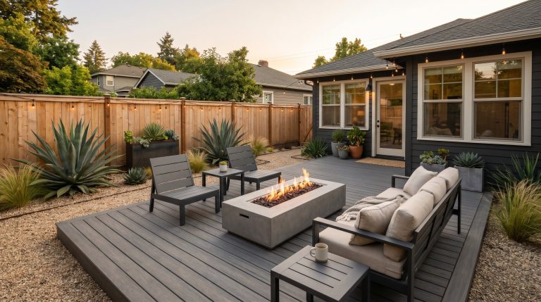 Photorealistic exterior photo. Modern, ultra-low maintenance backyard styling. Wide composite decking, a sleek concrete gas fire pit, powder-coated aluminum furniture, surrounded by pea gravel and lar