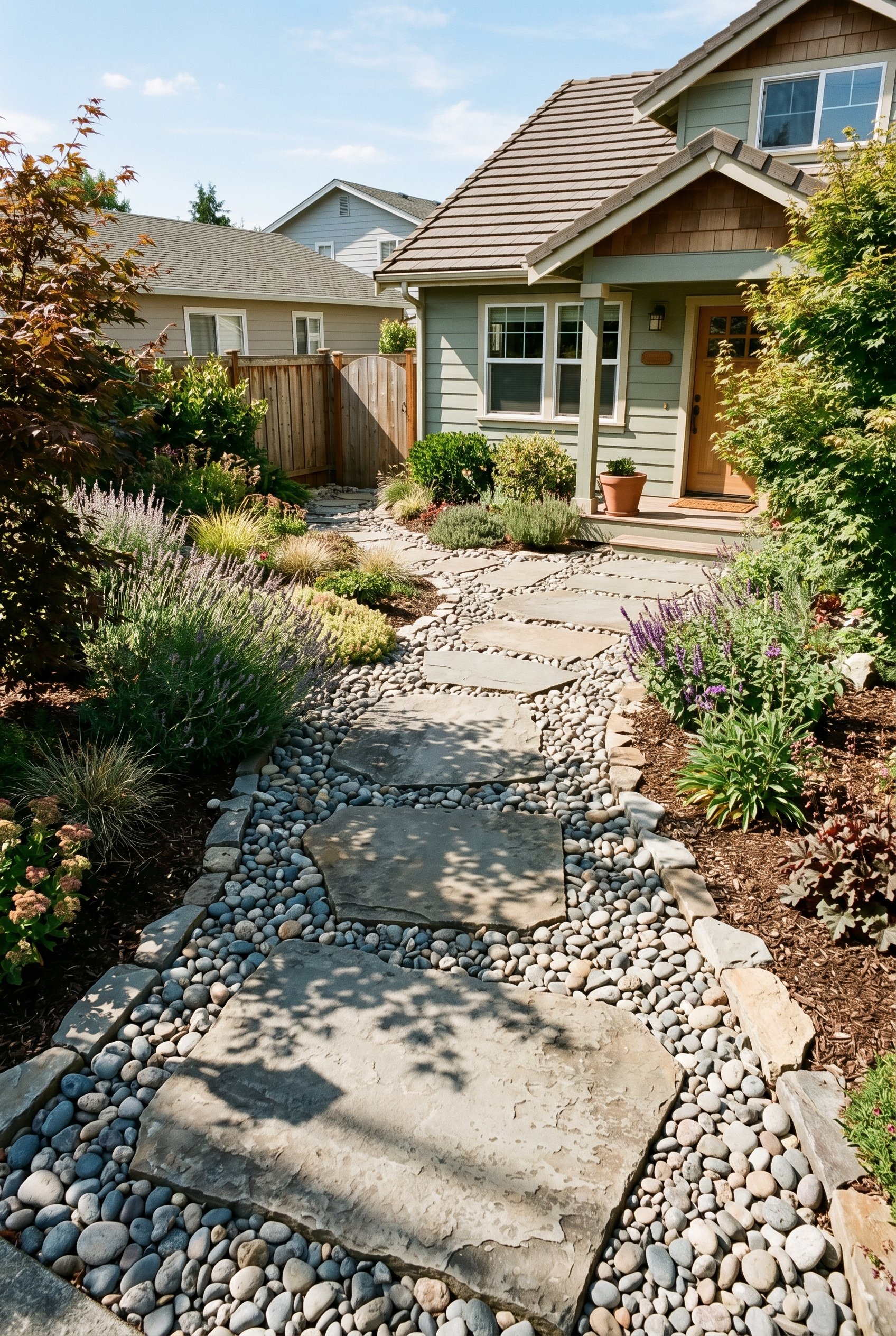 Photorealistic exterior photo. Oversized flagstone stepping stones surrounded by smooth river rock, no grass, zero-mow pathway design, sharp shadows, high angle. Editorial photography style, no people