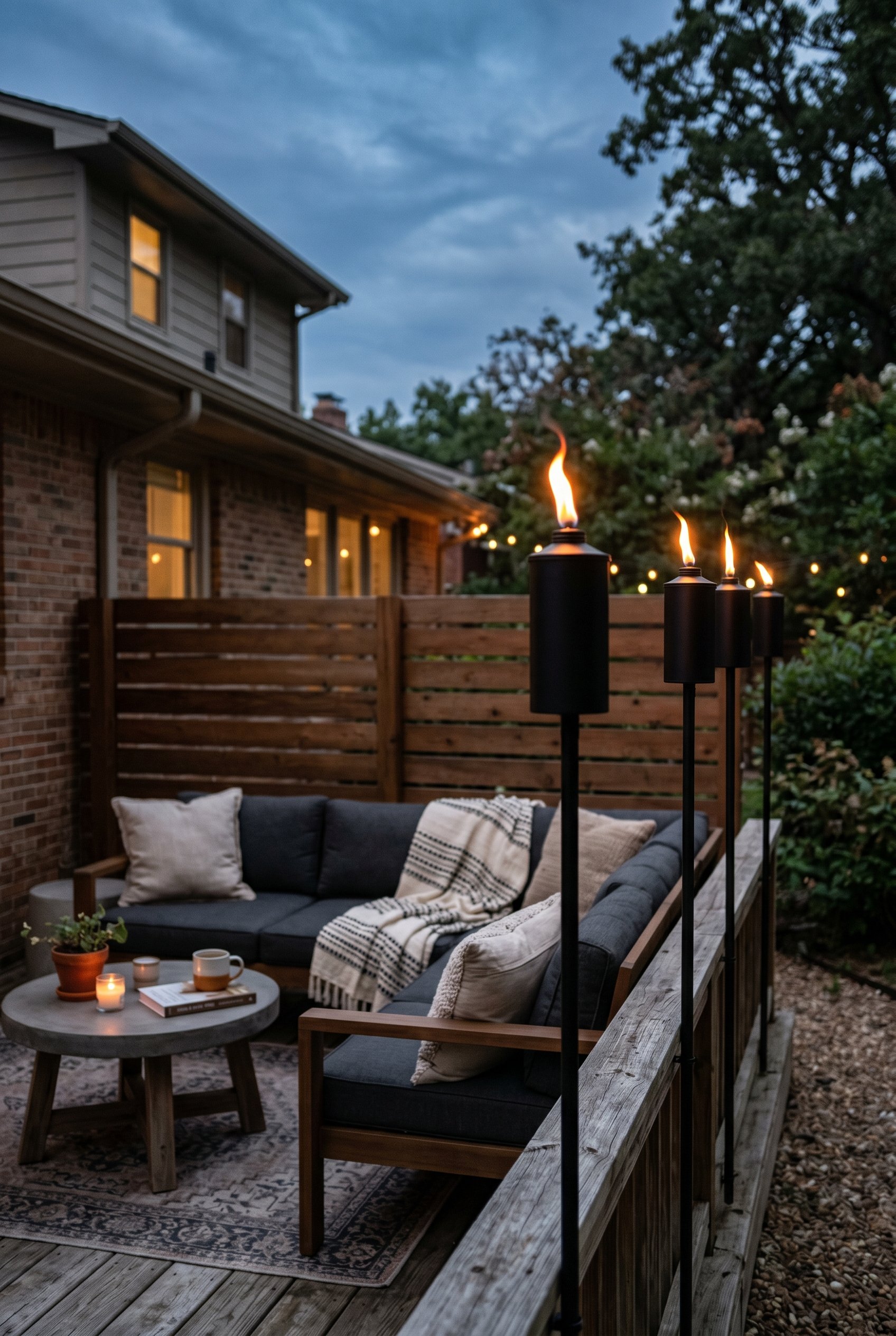 Photorealistic exterior photo. Sleek matte black metal citronella torches bordering a modern seating area, moody twilight lighting, shallow depth of field. Editorial photography style, no people visib