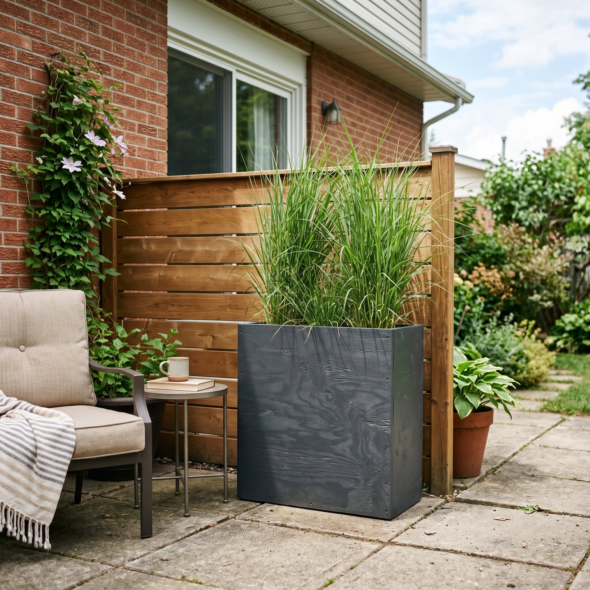 Photorealistic exterior photo. Tall rectangular DIY plywood planter box painted dark charcoal gray, filled with tall green ornamental grasses. Sitting on a modern patio. Bright daylight, editorial pho