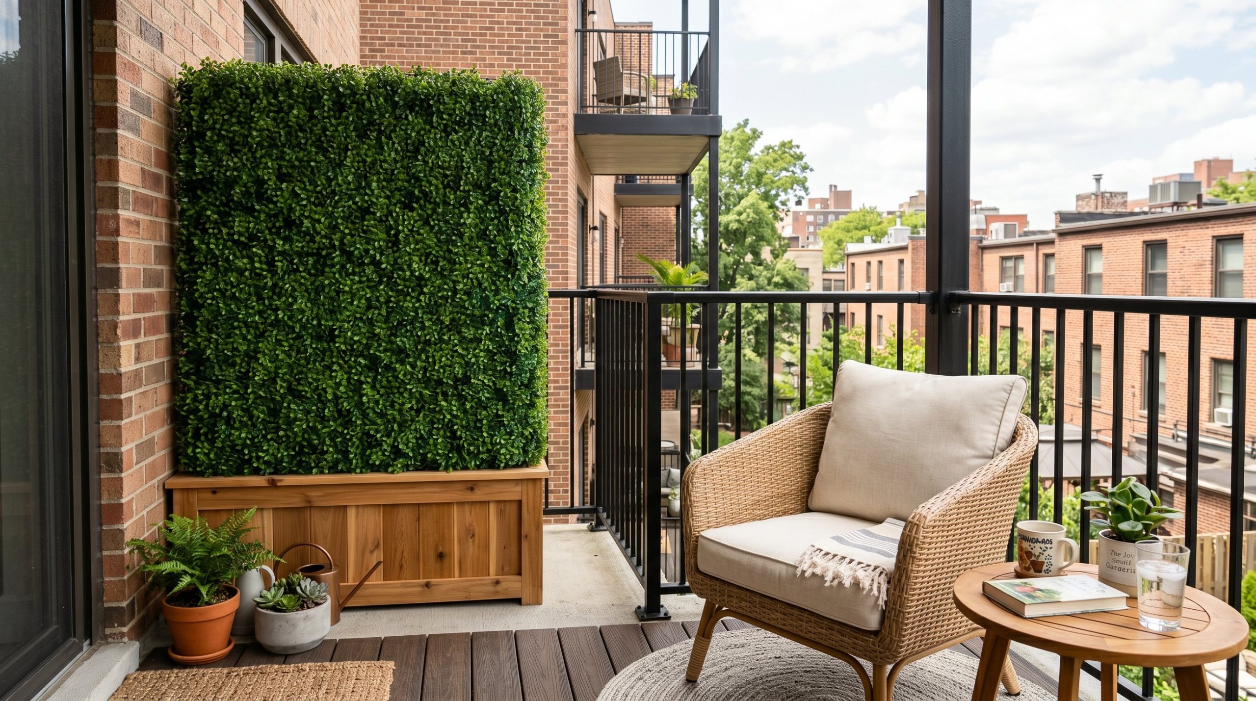 Photorealistic exterior photo. Thick, lush faux boxwood hedge wall mounted on a sturdy wooden base on an apartment balcony. Rattan patio chair in the foreground. High-end modern styling, editorial pho
