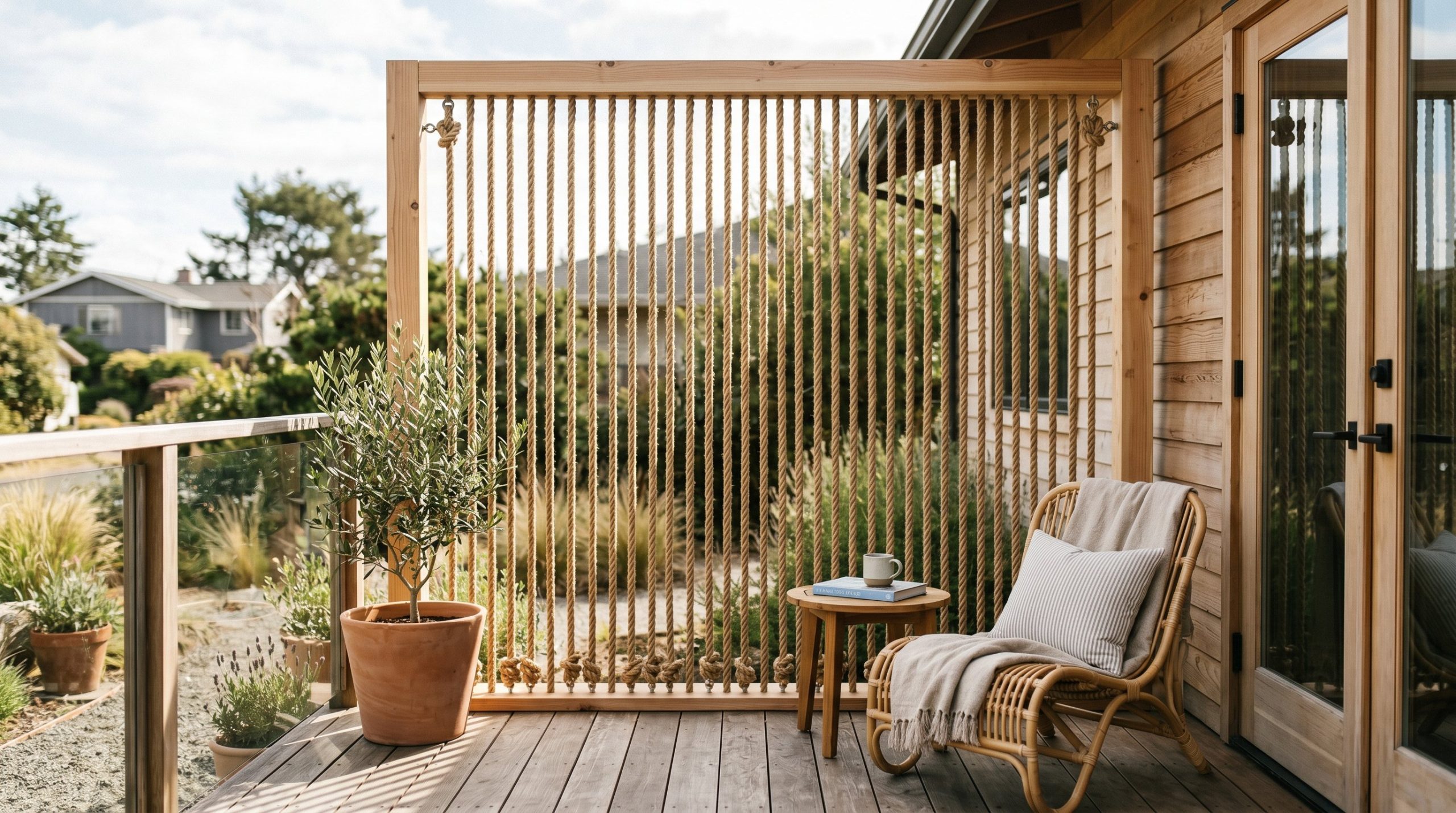 Photorealistic exterior photo. Thick manila rope strung vertically and tightly within a light wood frame, acting as a privacy screen on a modern wooden deck. Coastal modern styling. Sunlight filtering