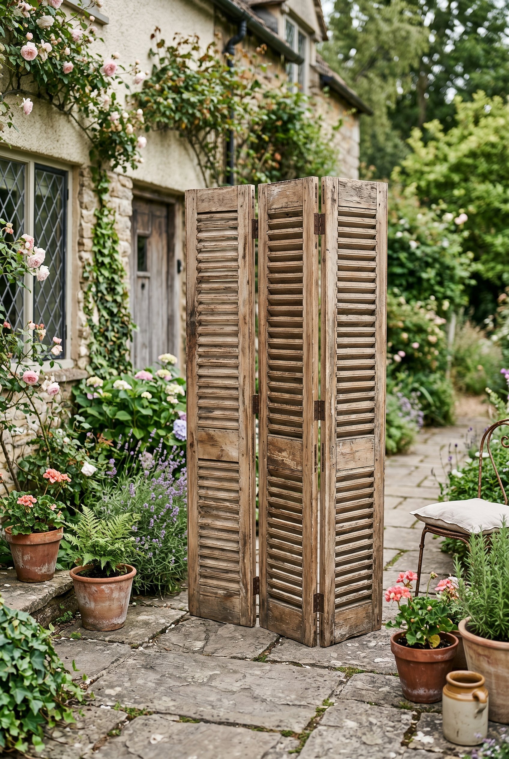 Photorealistic exterior photo. Three vintage wooden plantation shutters, hinged together like a folding screen, standing freely on a stone patio. Weathered natural wood finish. Vintage garden aestheti