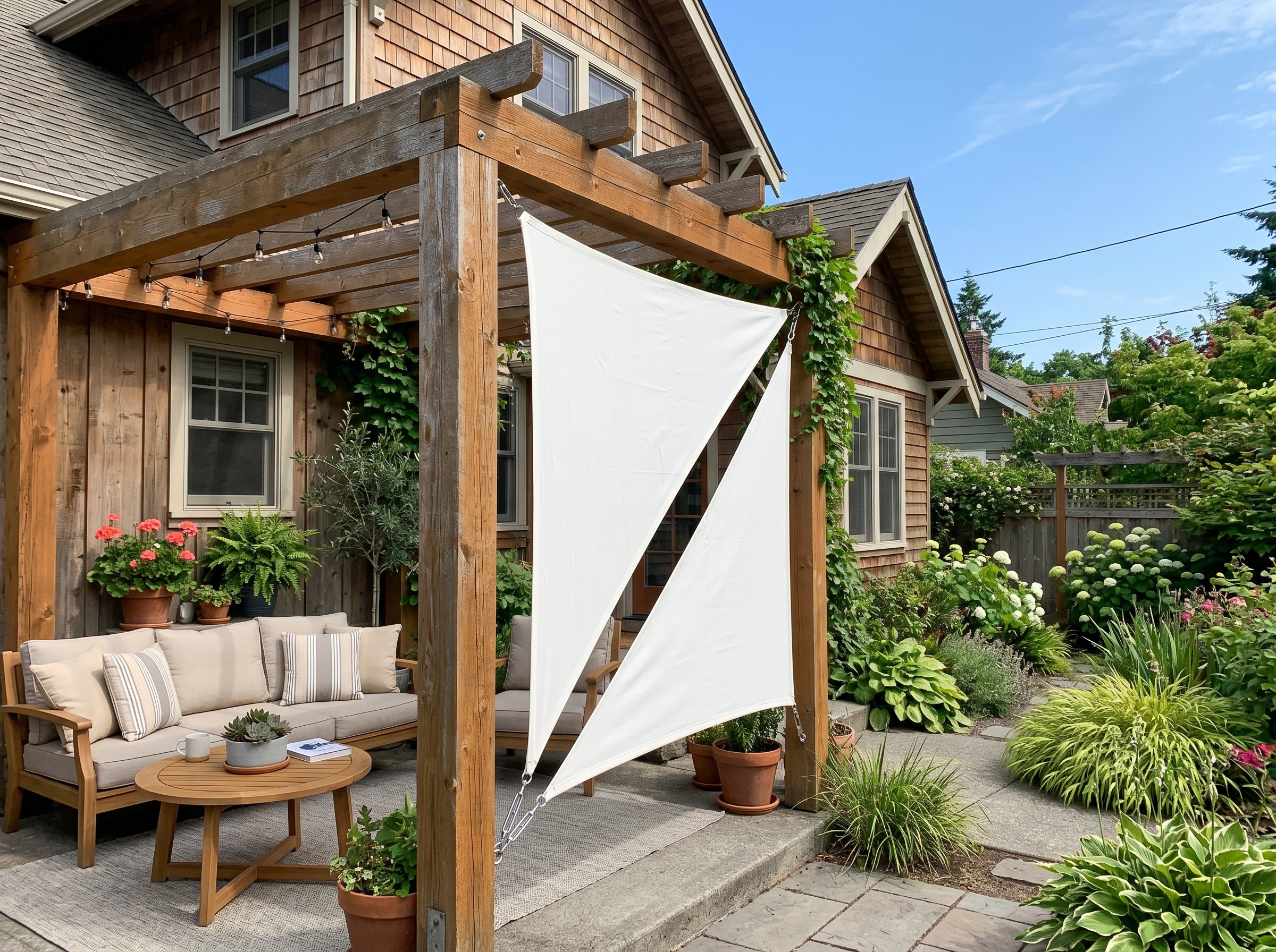 Photorealistic exterior photo. Triangular white canvas shade sail mounted vertically against a wooden patio structure using stainless steel turnbuckles. Taut and modern. Bright clear sky lighting, edi