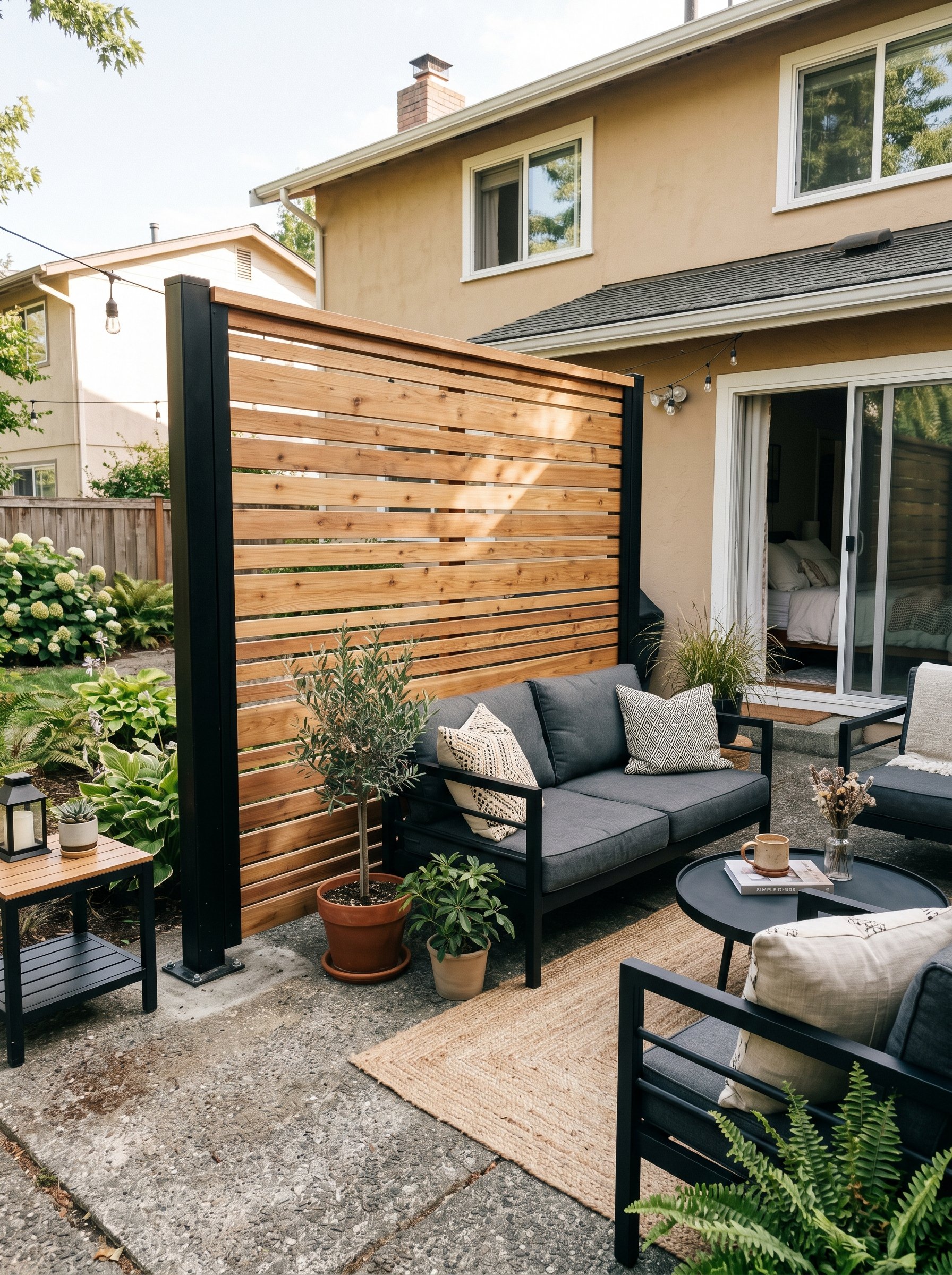 Photorealistic interior exterior photo. Modern slatted cedar wood privacy screen on a concrete patio, half-inch gaps between horizontal boards. Matte black outdoor furniture nearby. Natural sunlight, 