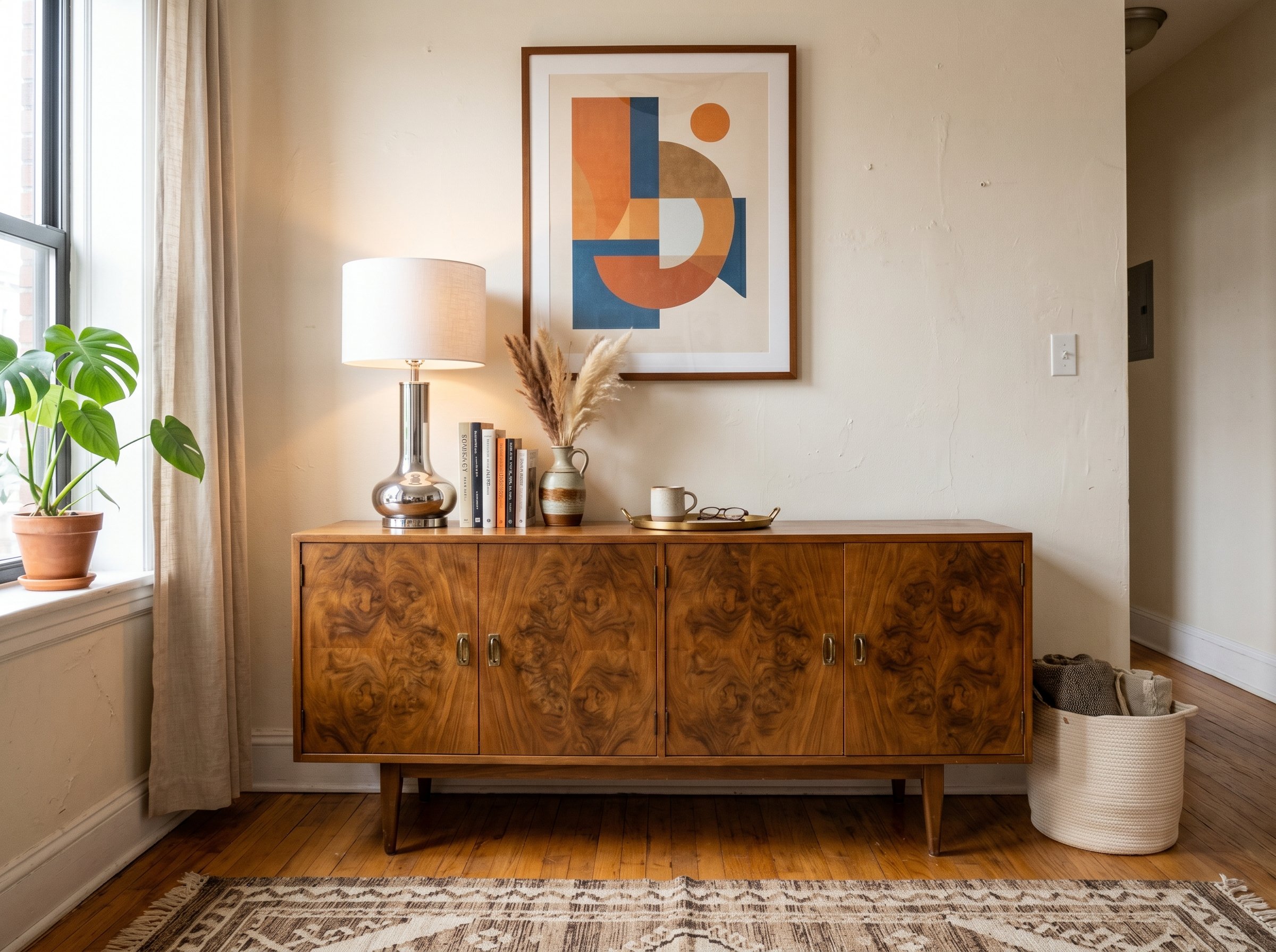 Photorealistic interior photo. 1970s vintage burl wood credenza pushed against a wall, modern chrome accents and lamp on top, natural light, front-facing shot. Editorial photography style, no people v