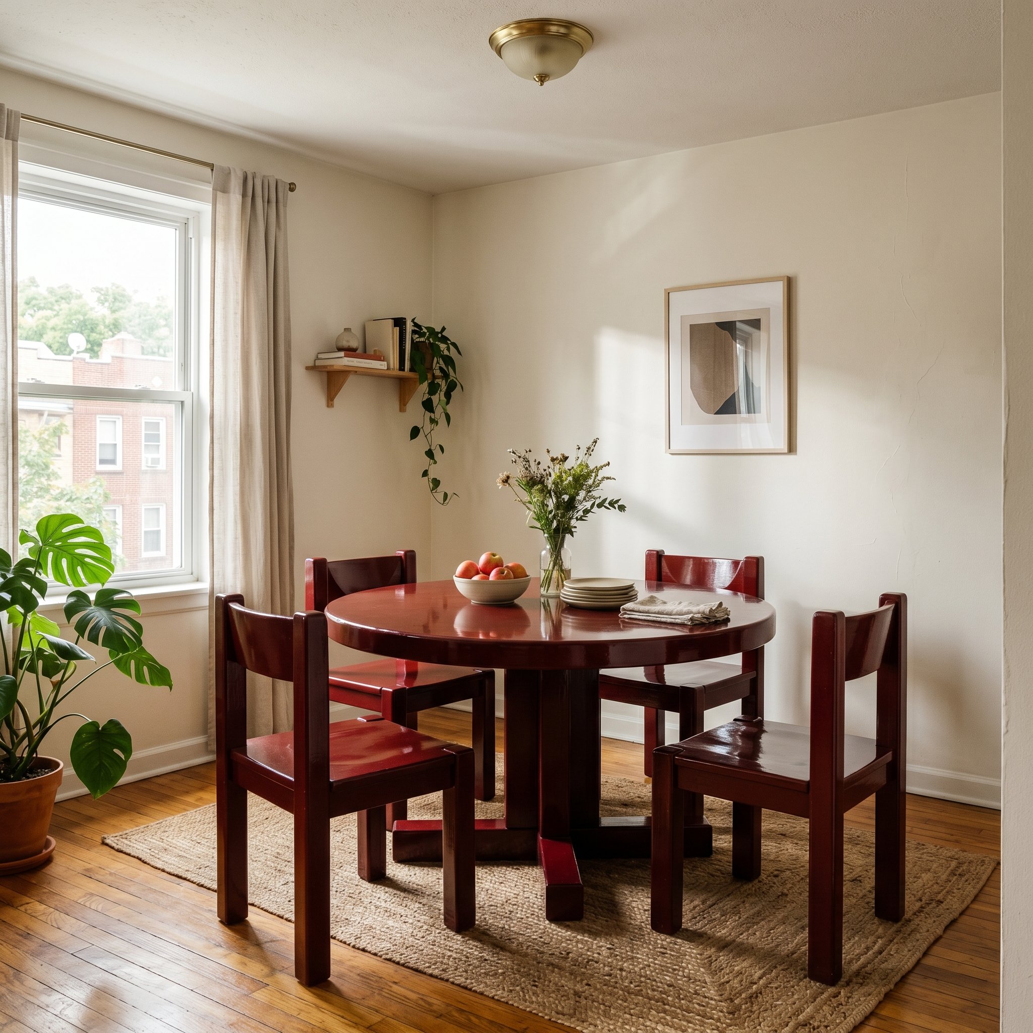 Photorealistic interior photo. 1980s chunky wood dining set painted completely in high-gloss oxblood red, set in a neutral bright apartment corner, dramatic shadows, straight-on view. Editorial photog
