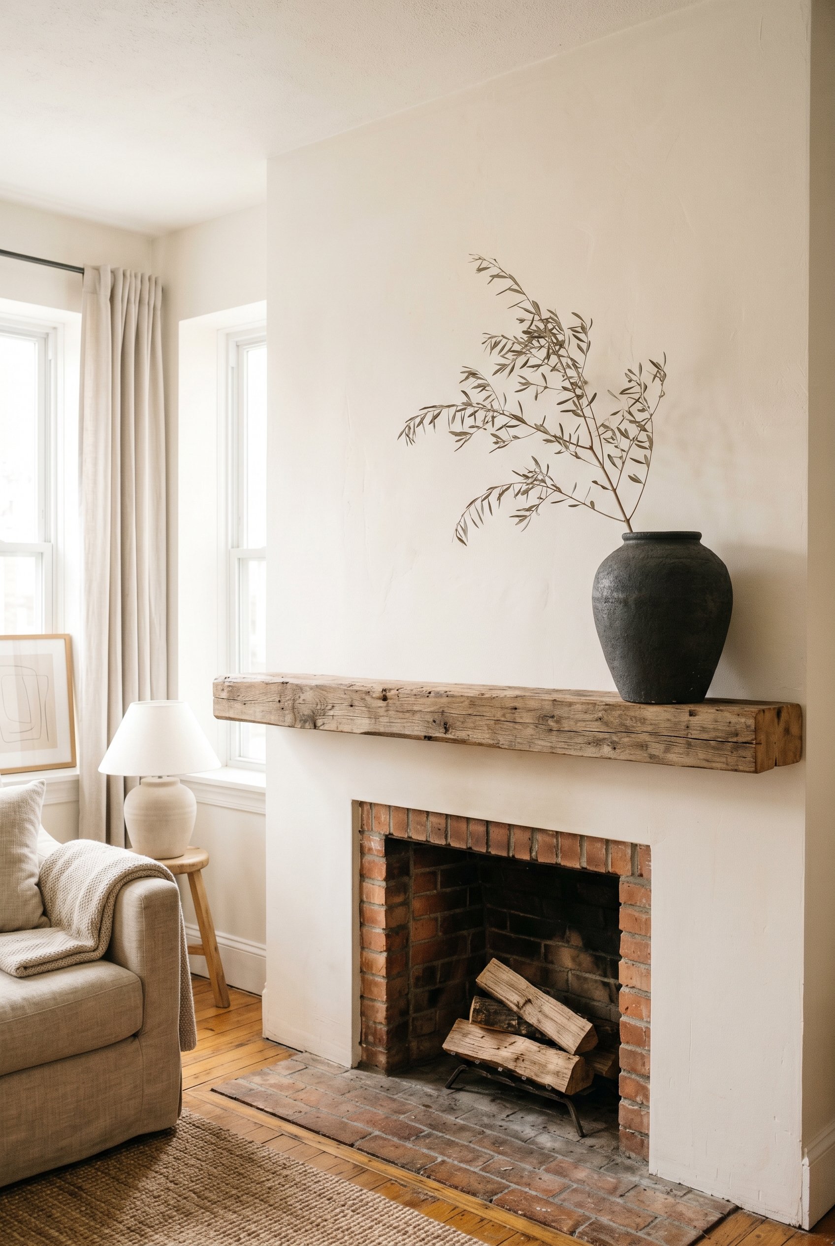 Photorealistic interior photo. A bare, rustic reclaimed wood mantle featuring only one oversized charcoal textured vase holding a single dried olive branch on the right side. Bright natural light, str