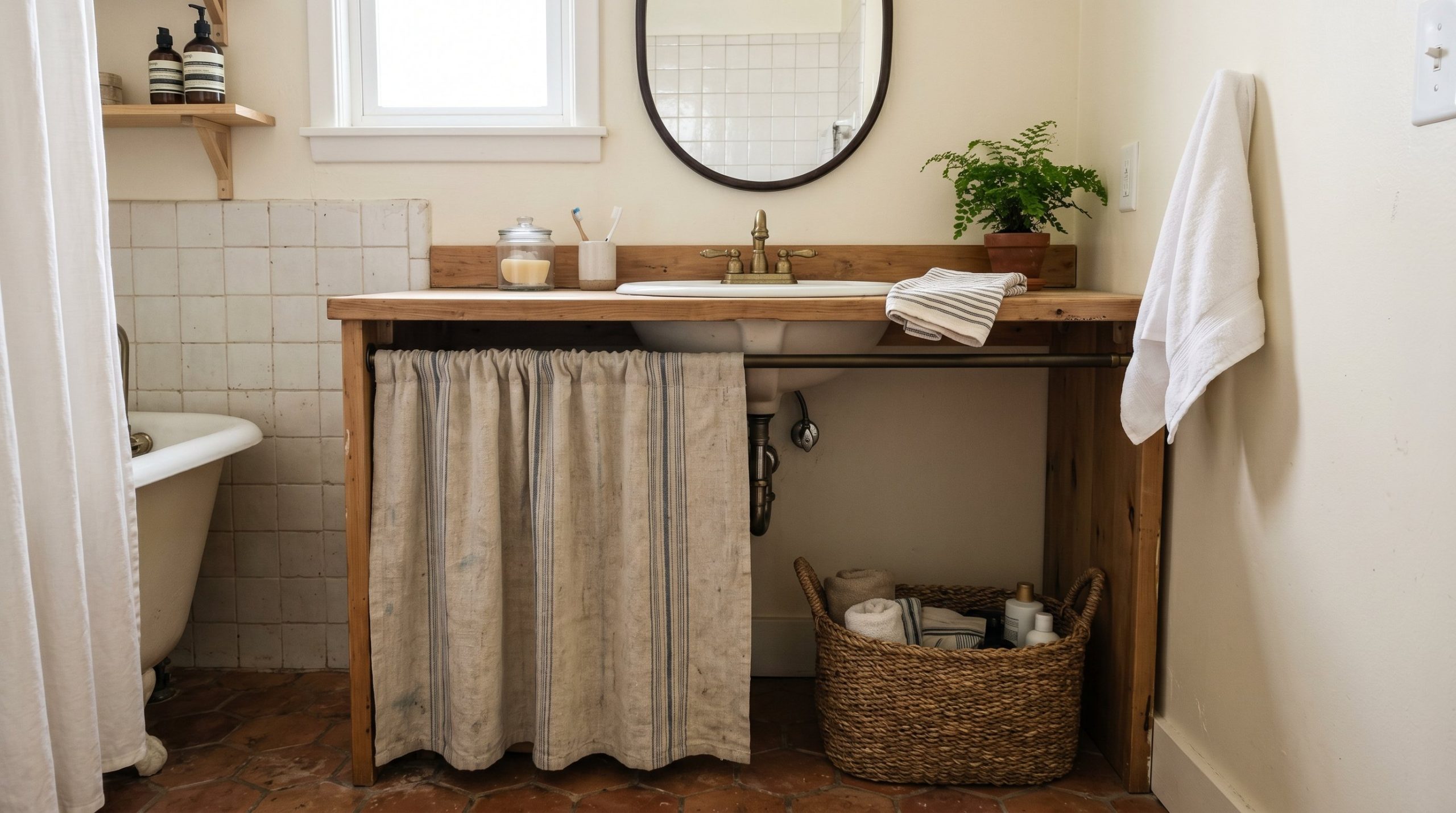 Photorealistic interior photo. A bathroom vanity featuring a sink skirt made from a vintage striped linen textile, hung with a tension rod. Woven basket on the floor. Editorial photography style, no p