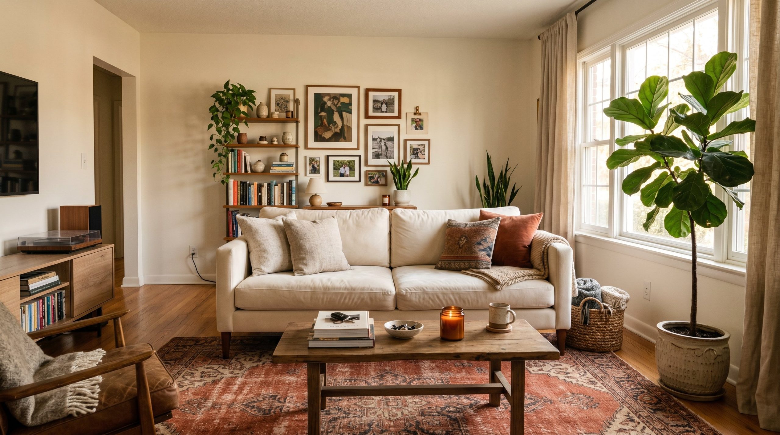 Photorealistic interior photo. A beautifully layered, lived-in living room with a cream performance velvet sofa, a large vintage terracotta rug, high-hung linen curtains, and a tall Ficus tree. Soft,