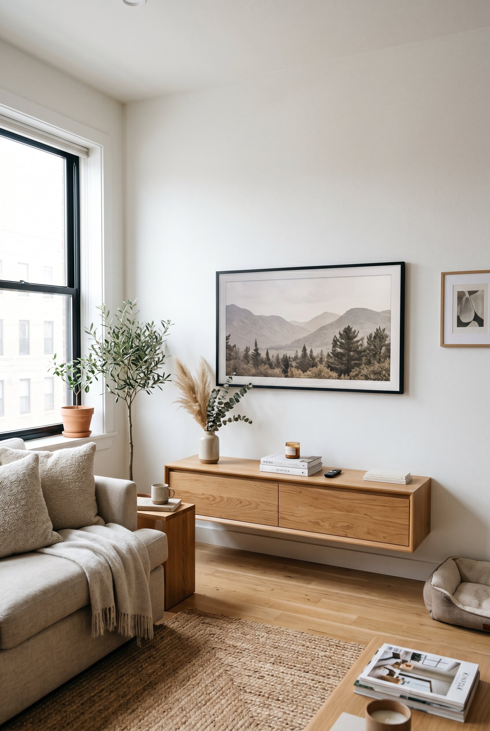 Photorealistic interior photo. A beautifully mounted sleek flat screen TV on a clean white wall with zero visible cords, floating above a minimalist oak media console. Bright daylight. Editorial photo