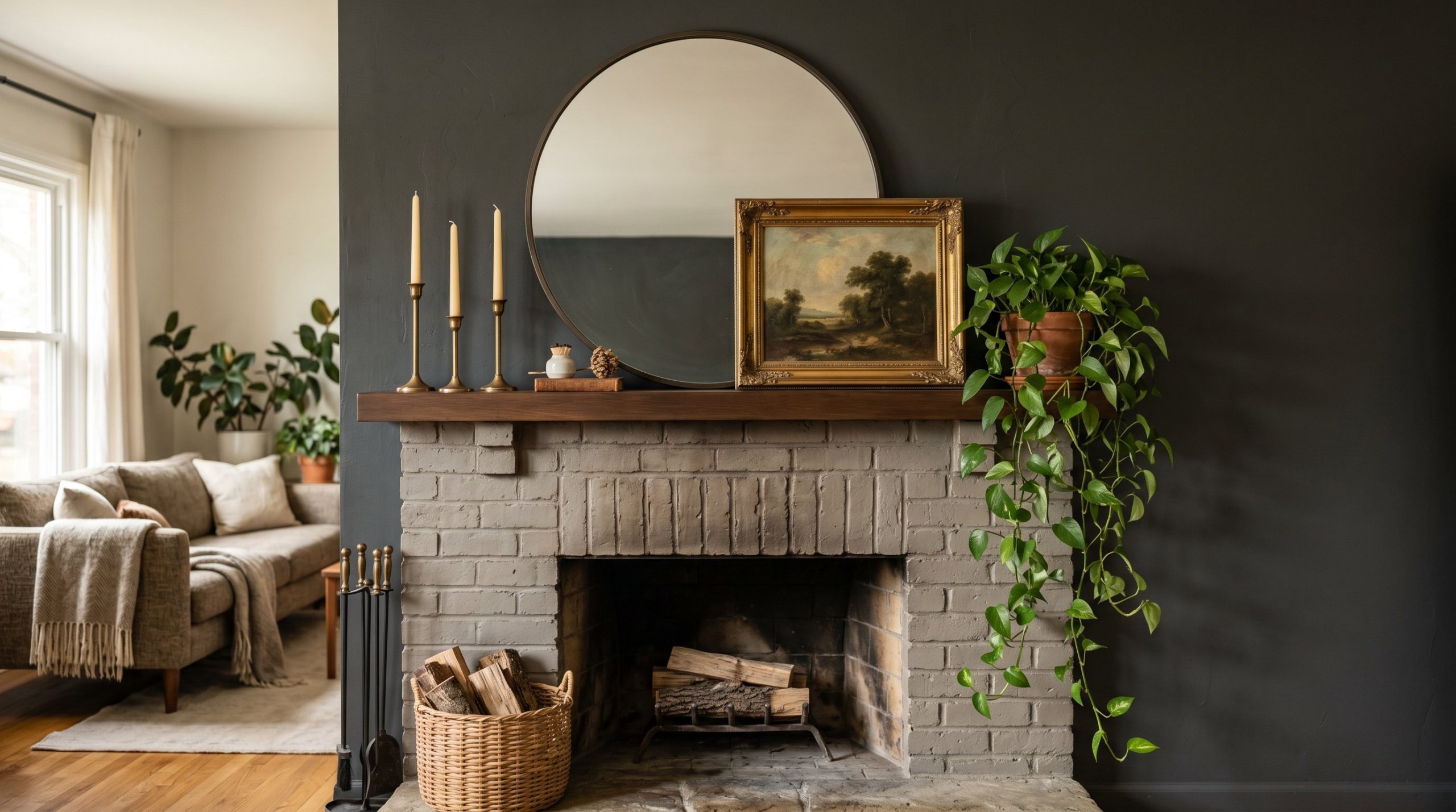 Photorealistic interior photo. A beautifully styled living room fireplace mantel perfectly balancing modern and vintage elements. A large, oversized round mirror leans slightly off-center, layered wit