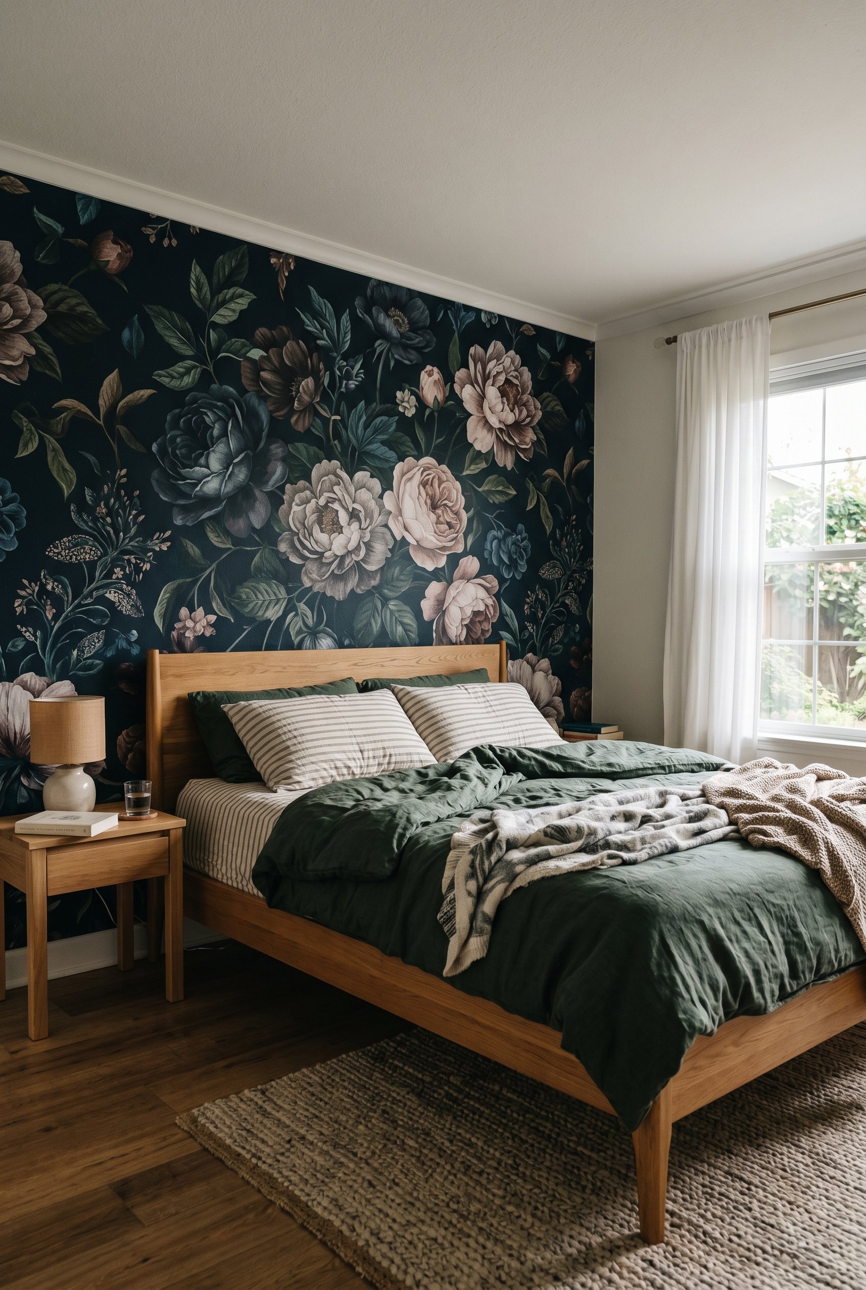 Photorealistic interior photo. A bedroom featuring a dark, moody oversized floral peel-and-stick wall mural behind a modern wooden bed frame. Soft morning lighting, low angle. Editorial photography st