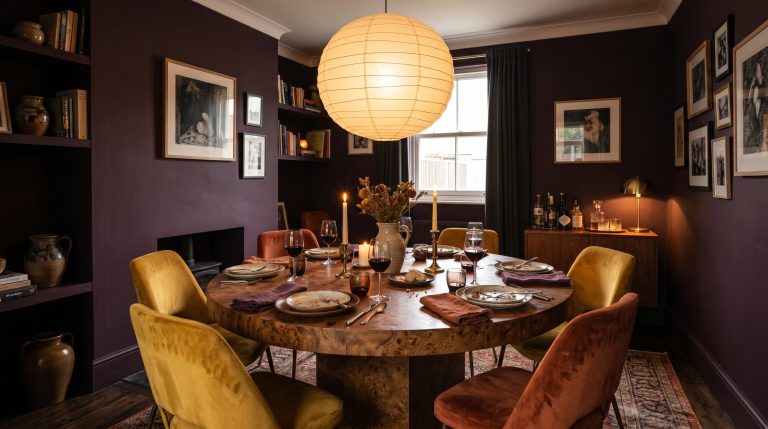Photorealistic interior photo. A bold, moody dining room drenched in dark plum paint with an oversized glowing paper lantern hanging low over a heavy burl wood table. Eclectic velvet chairs in mustard