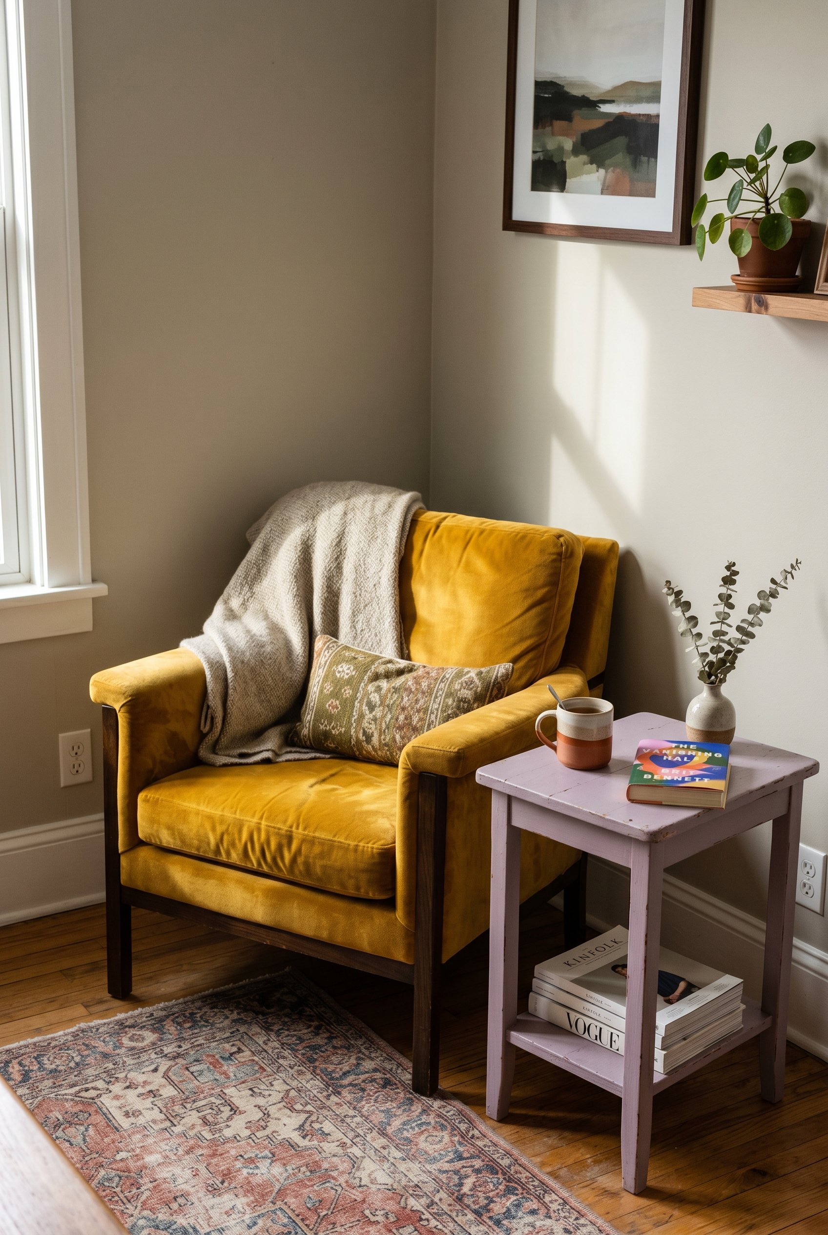 Photorealistic interior photo. A bold mustard yellow velvet accent chair paired with a dusty lilac painted side table. Dramatic shadows, close-up corner angle. Editorial photography style, no people v