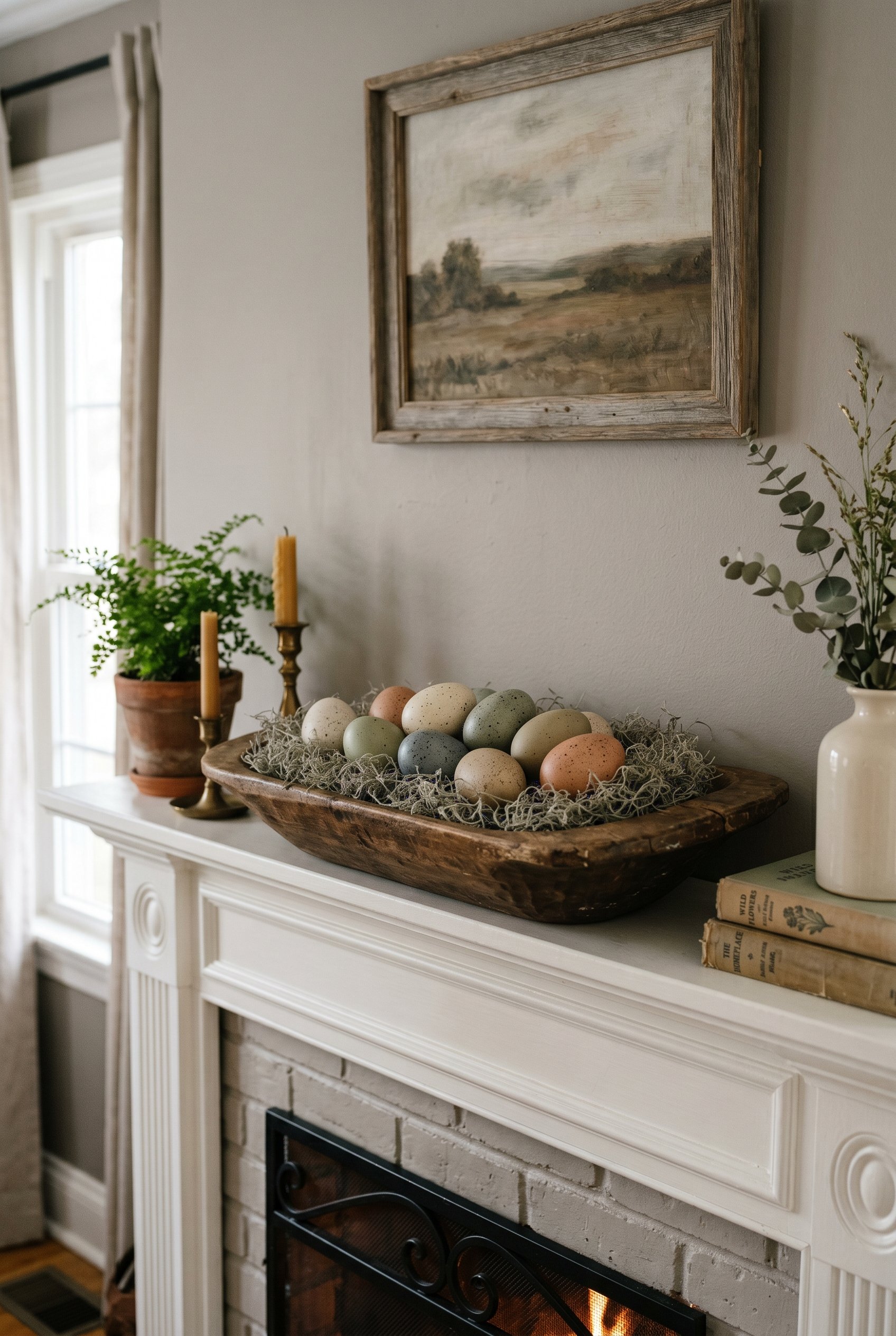 Photorealistic interior photo. A carved wooden dough bowl filled with muted speckled ceramic eggs and preserved Spanish moss resting on a traditional fireplace mantle. Soft natural light, close-up ang
