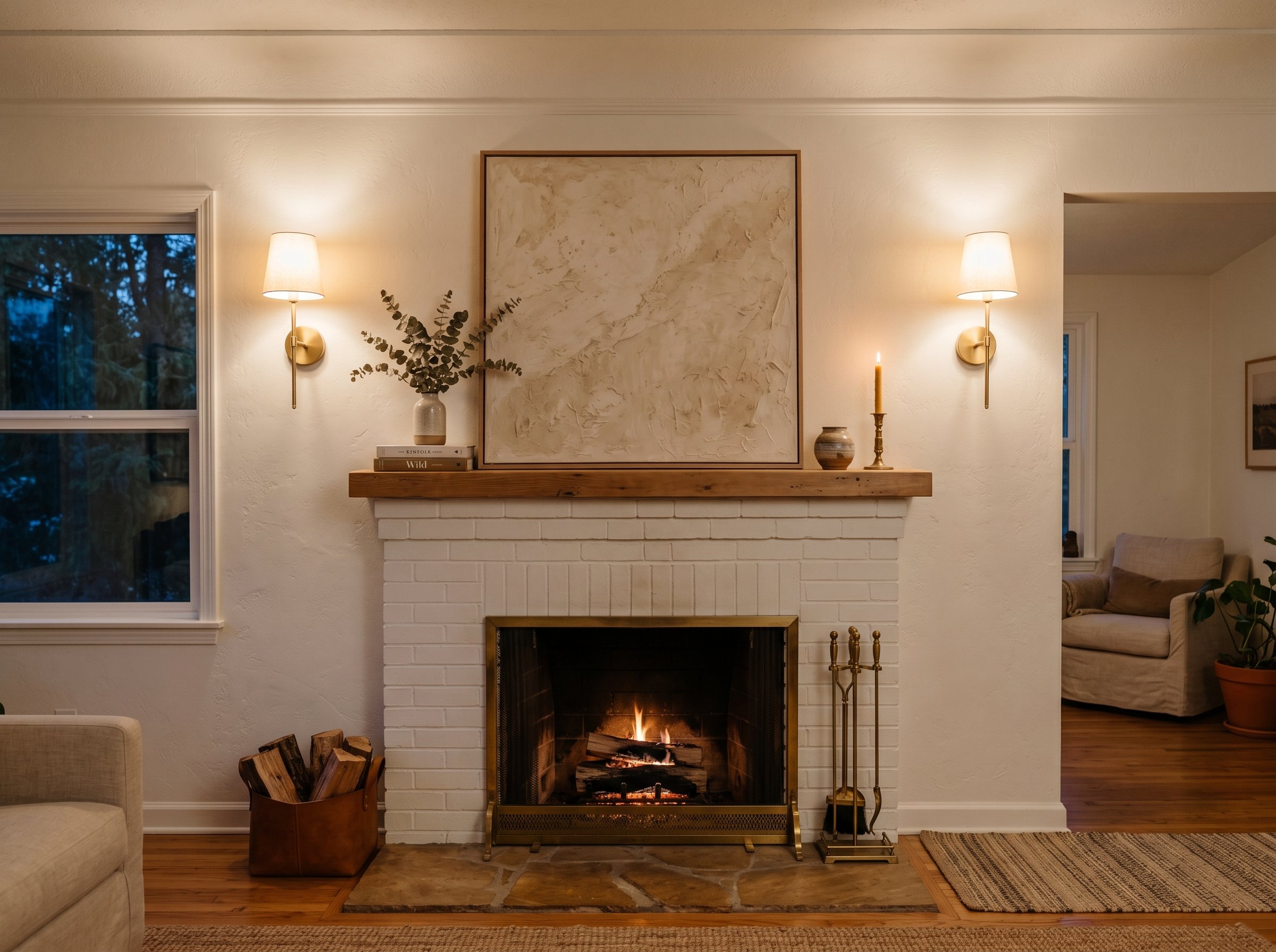 Photorealistic interior photo. A chic fireplace mantel flanked by two modern brass wall sconces. The sconces are illuminating with a soft warm glow. A textured plaster canvas leans on the mantel. Dram