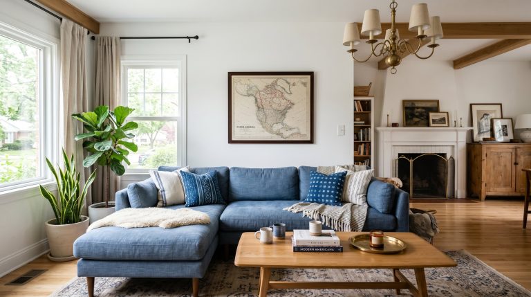 Photorealistic interior photo. A chic, modern Americana living room featuring washed indigo textiles, a sleek wood coffee table, brass colonial-style lighting, and a subtle framed vintage map on a cri