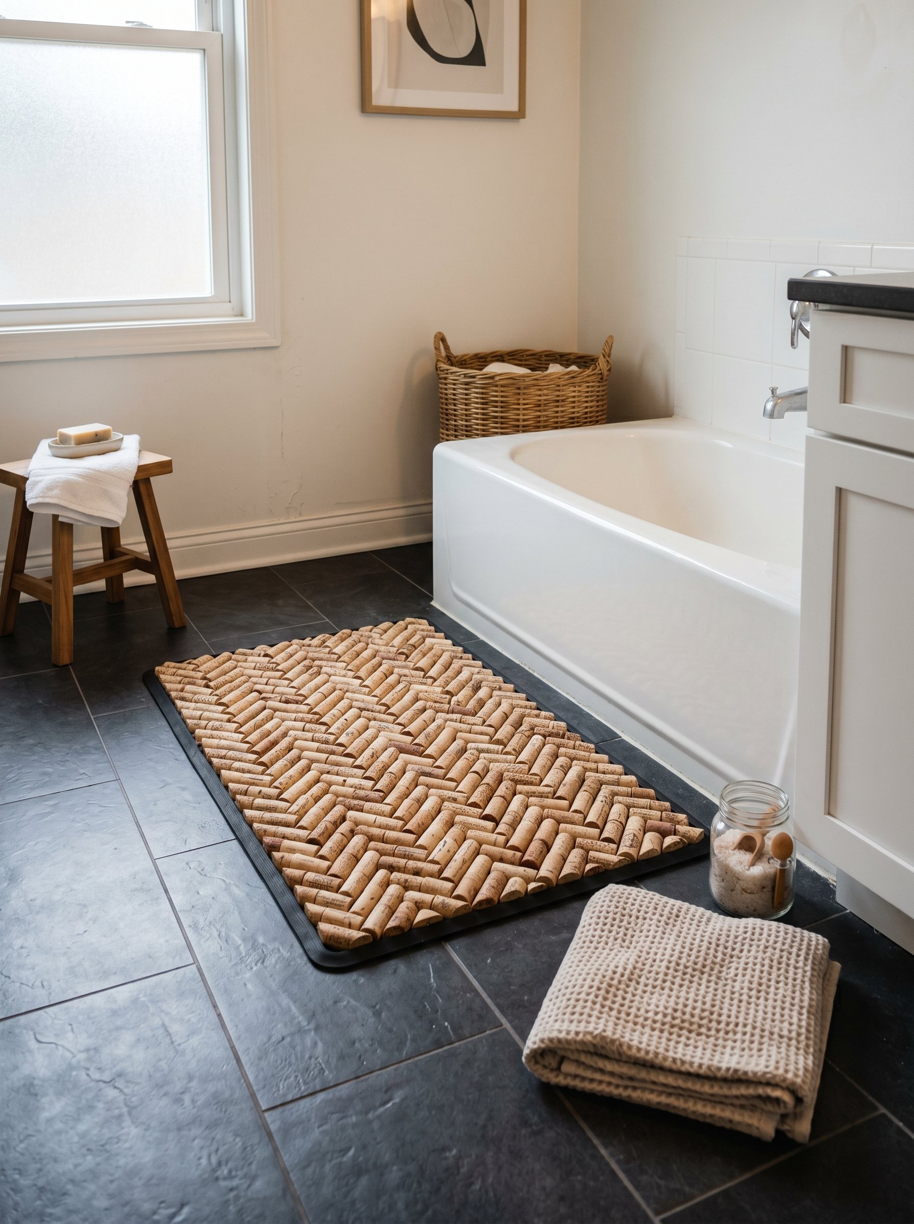 Photorealistic interior photo. A chic, modern bath mat made from tightly packed half-sliced wine corks arranged in a herringbone pattern on a dark tile bathroom floor. Soft bathroom lighting. Editoria