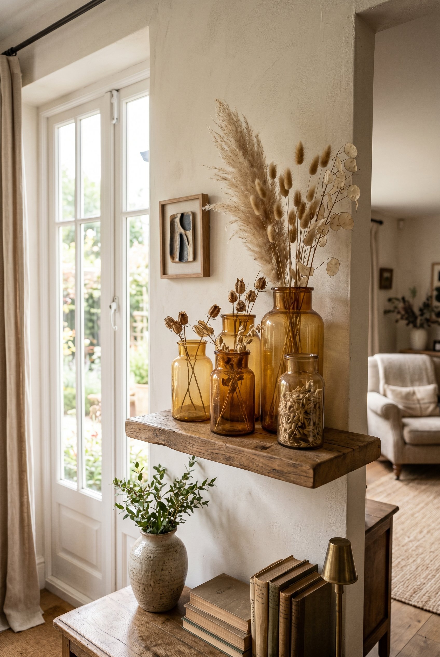 Photorealistic interior photo. A cluster of glass jars tinted in a translucent vintage amber finish, styled with dried neutral grasses on a wooden floating shelf. Backlit by natural window light. Edit