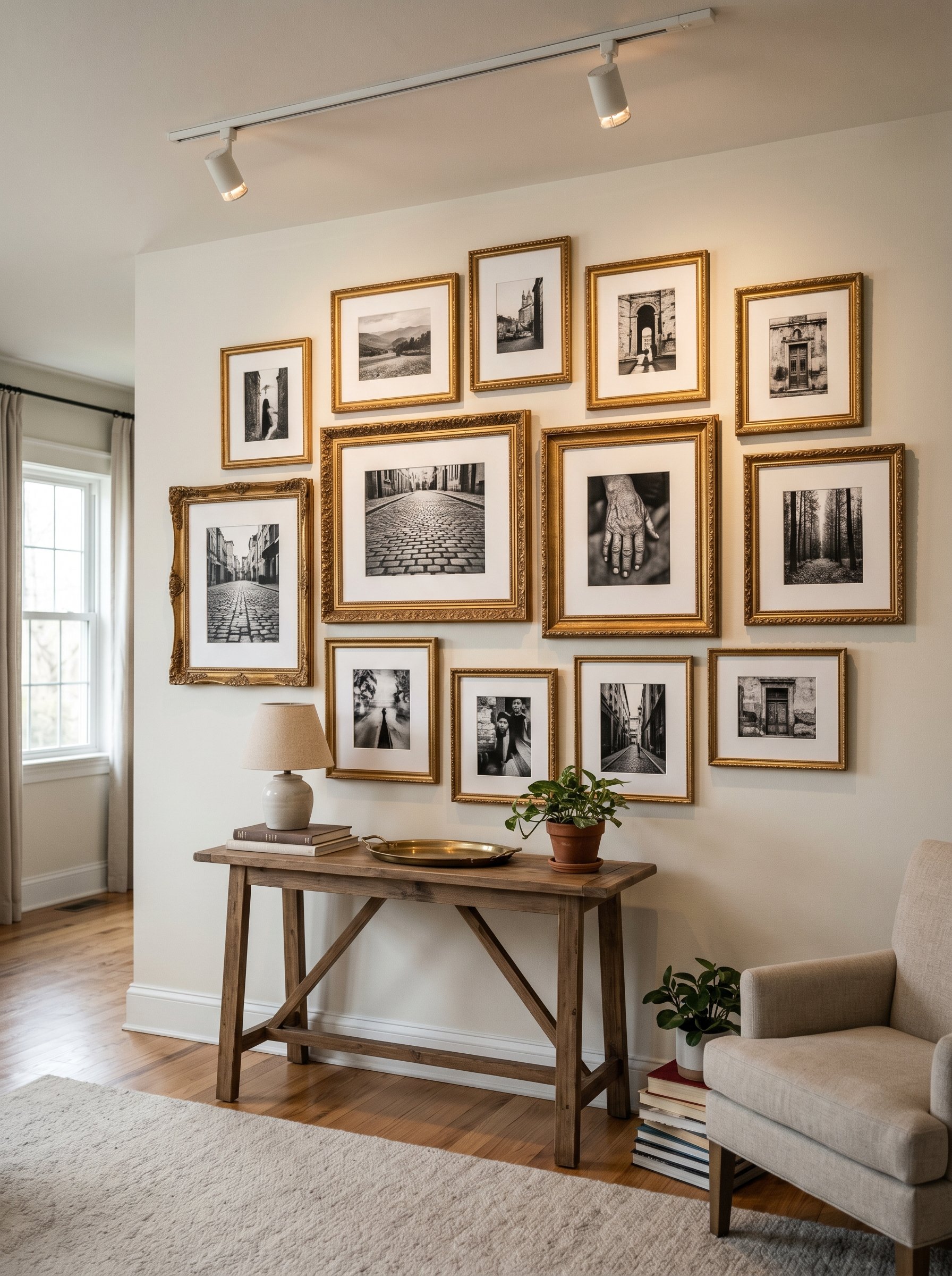 Photorealistic interior photo. A cluster of ornate gallery wall frames finished in aged antique gold wax, featuring crisp oversized white mats and black-and-white photography. Gallery lighting. Editor