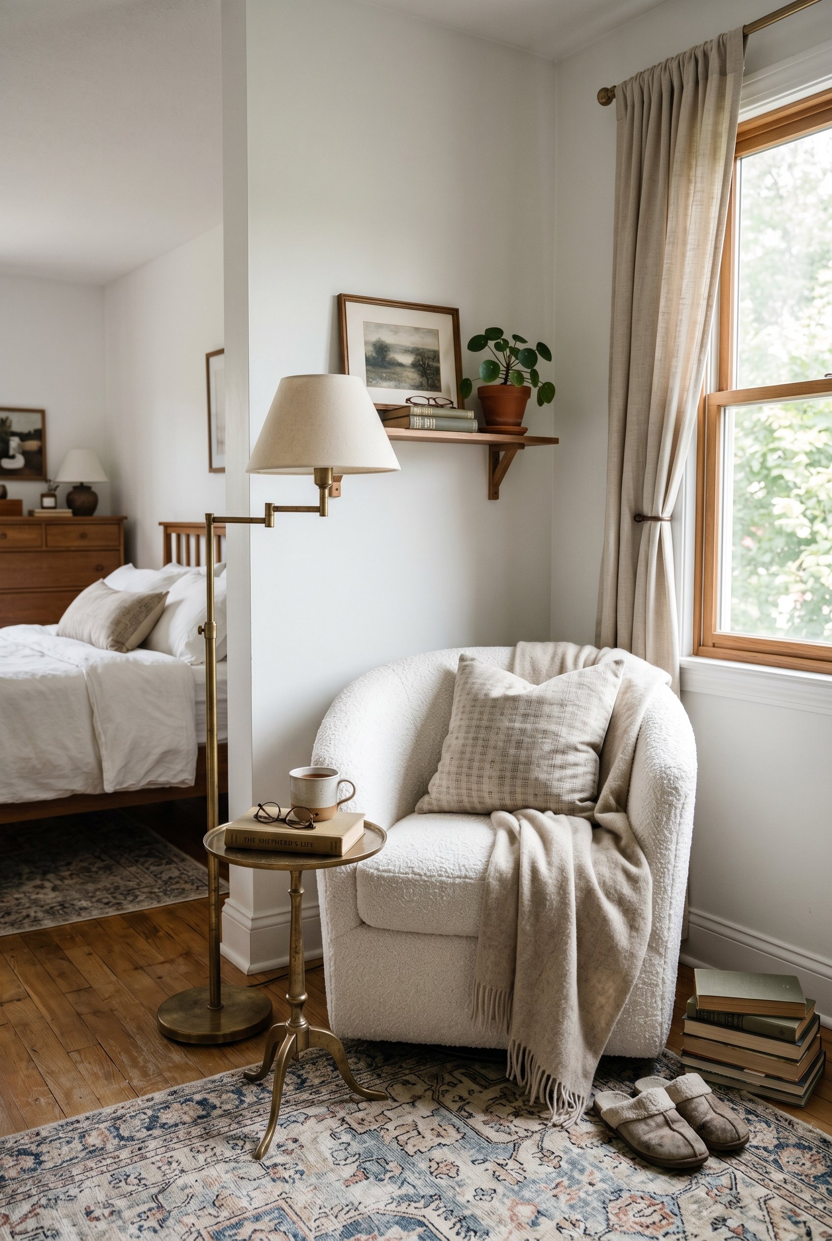 Photorealistic interior photo. A cozy reading nook in a bedroom featuring a textured white bouclé armchair, a tiny brass drink table, and a floor lamp. Editorial photography style, inviting atmosphere