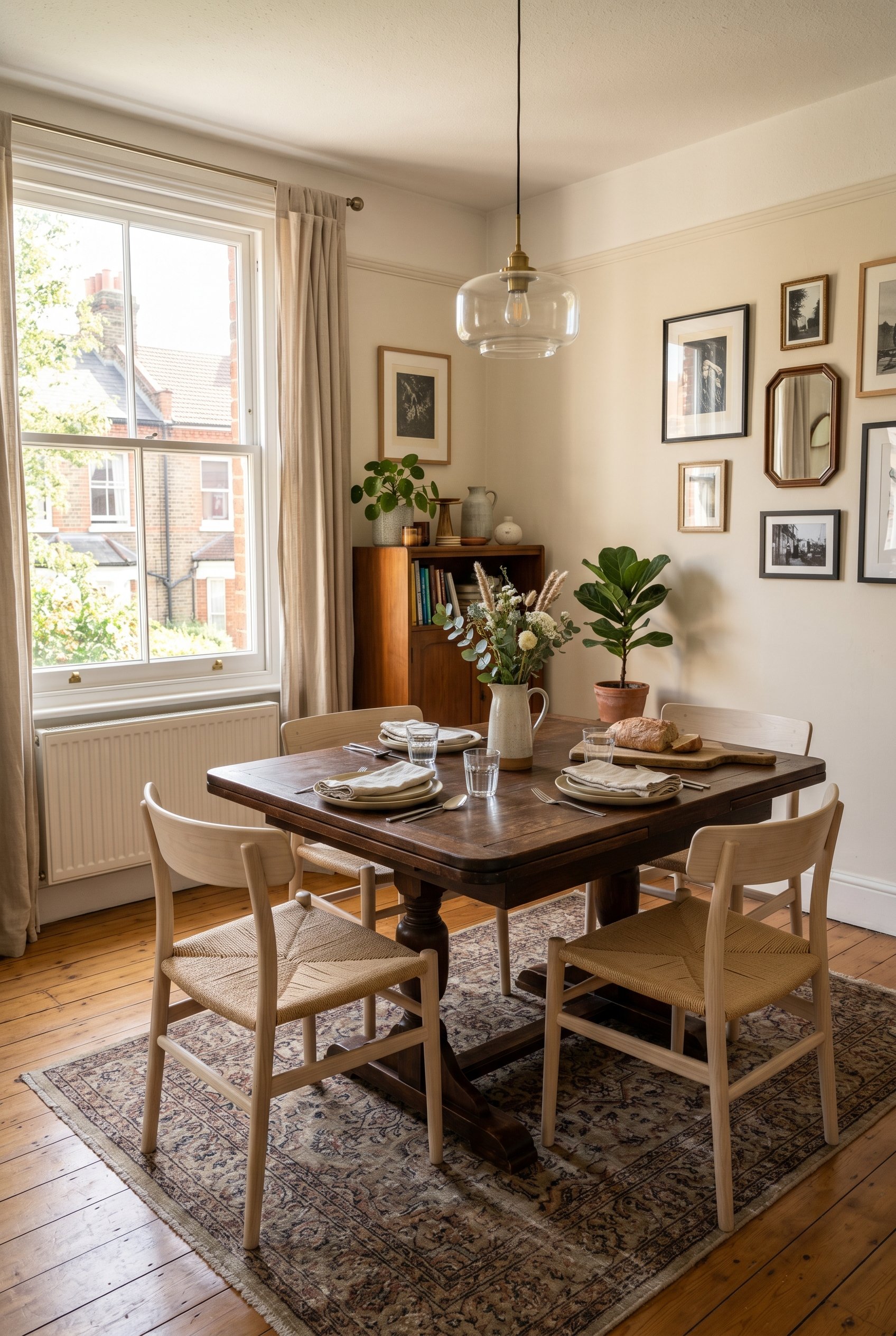 Photorealistic interior photo. A dining area mixing a dark mahogany antique table with pale ash modern dining chairs. Natural light from a nearby window, medium wide angle. Editorial photography style