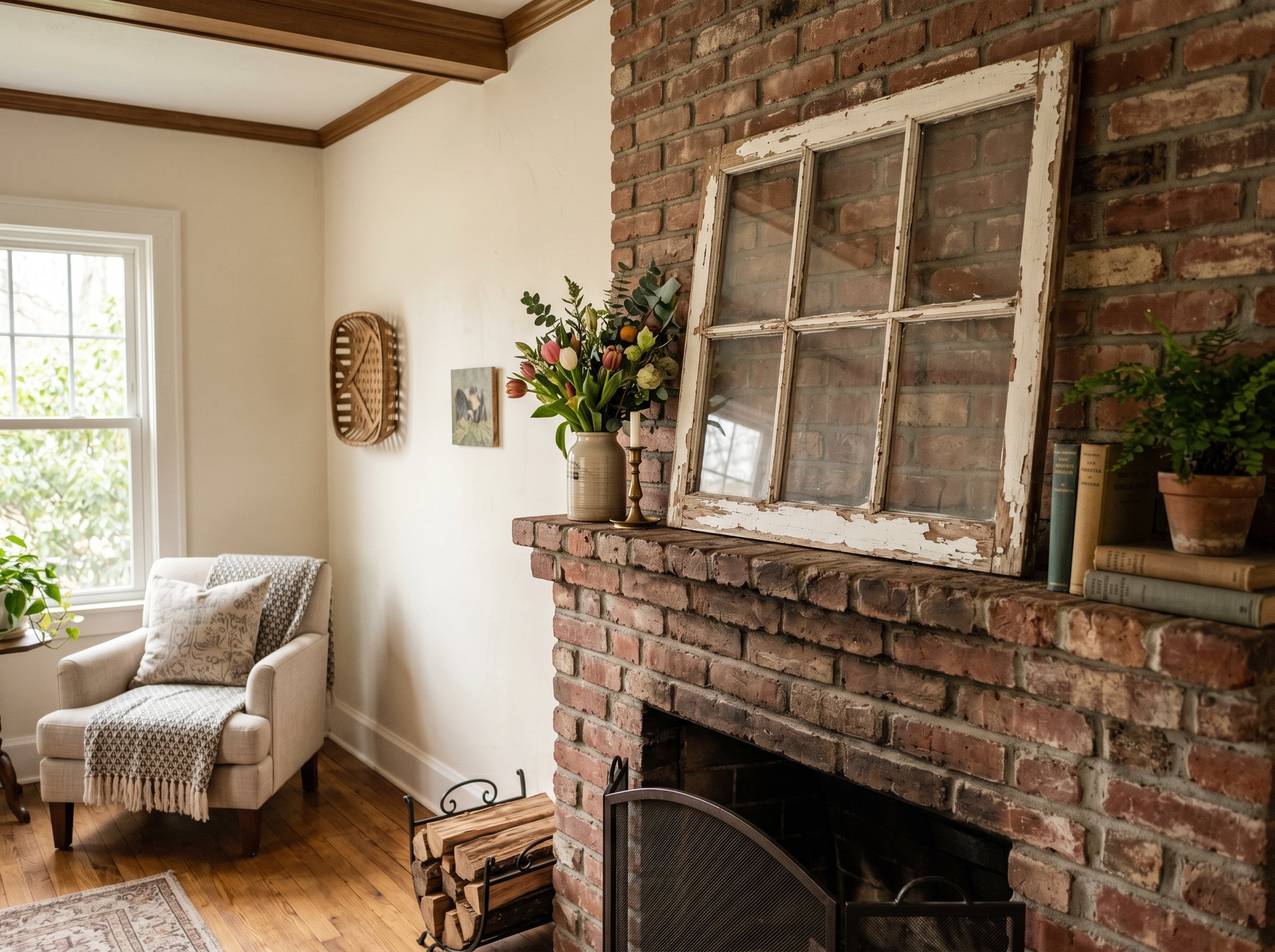 Photorealistic interior photo. A distressed, peeling white vintage wooden window frame leaning on a rustic brick fireplace mantle. Soft spring lighting, angled shot. Editorial photography style, no pe