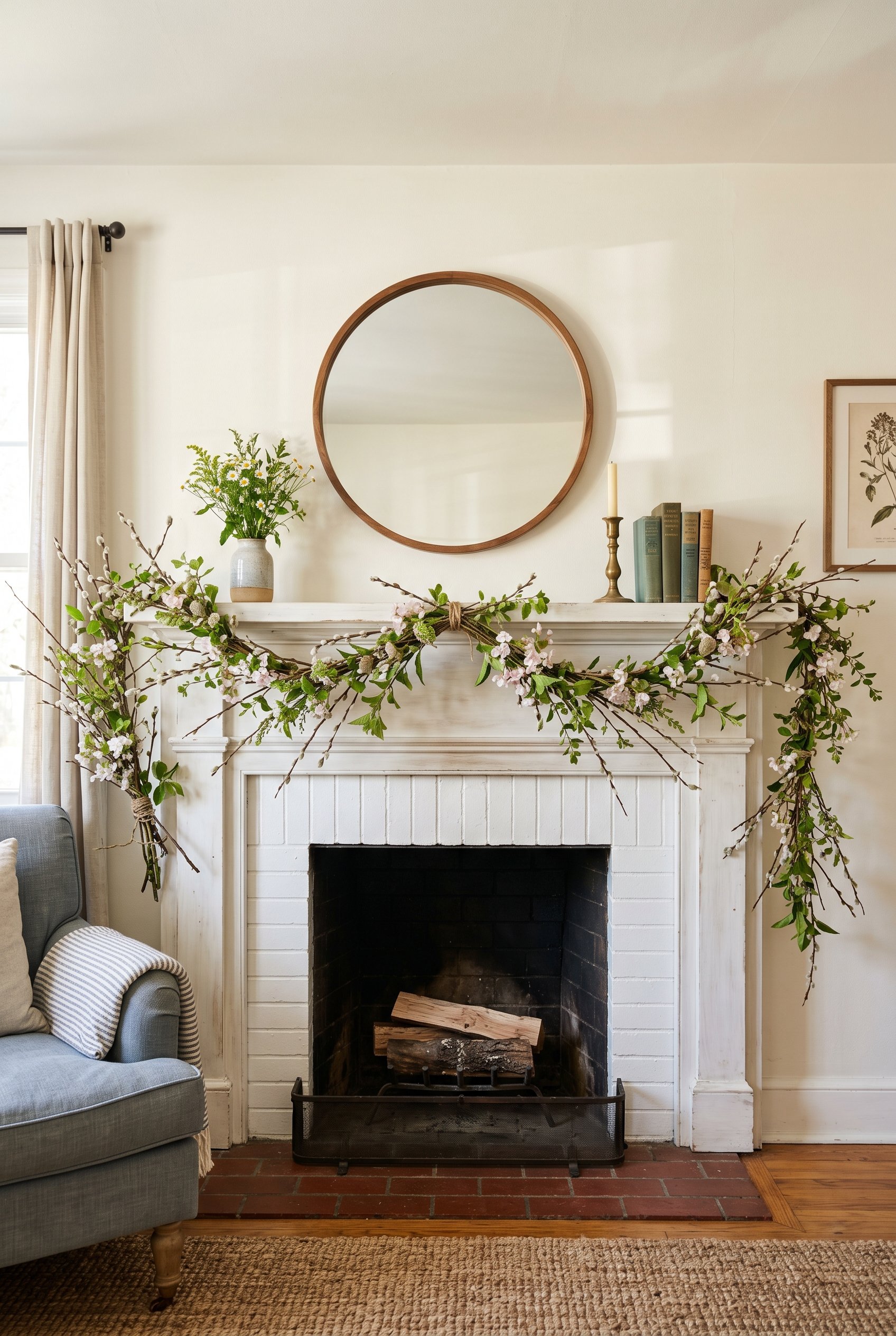 Photorealistic interior photo. A DIY garland made of fresh budding spring green branches draped across a white wood mantle. Bright sunlight casting soft shadows, straight-on camera angle. Editorial ho