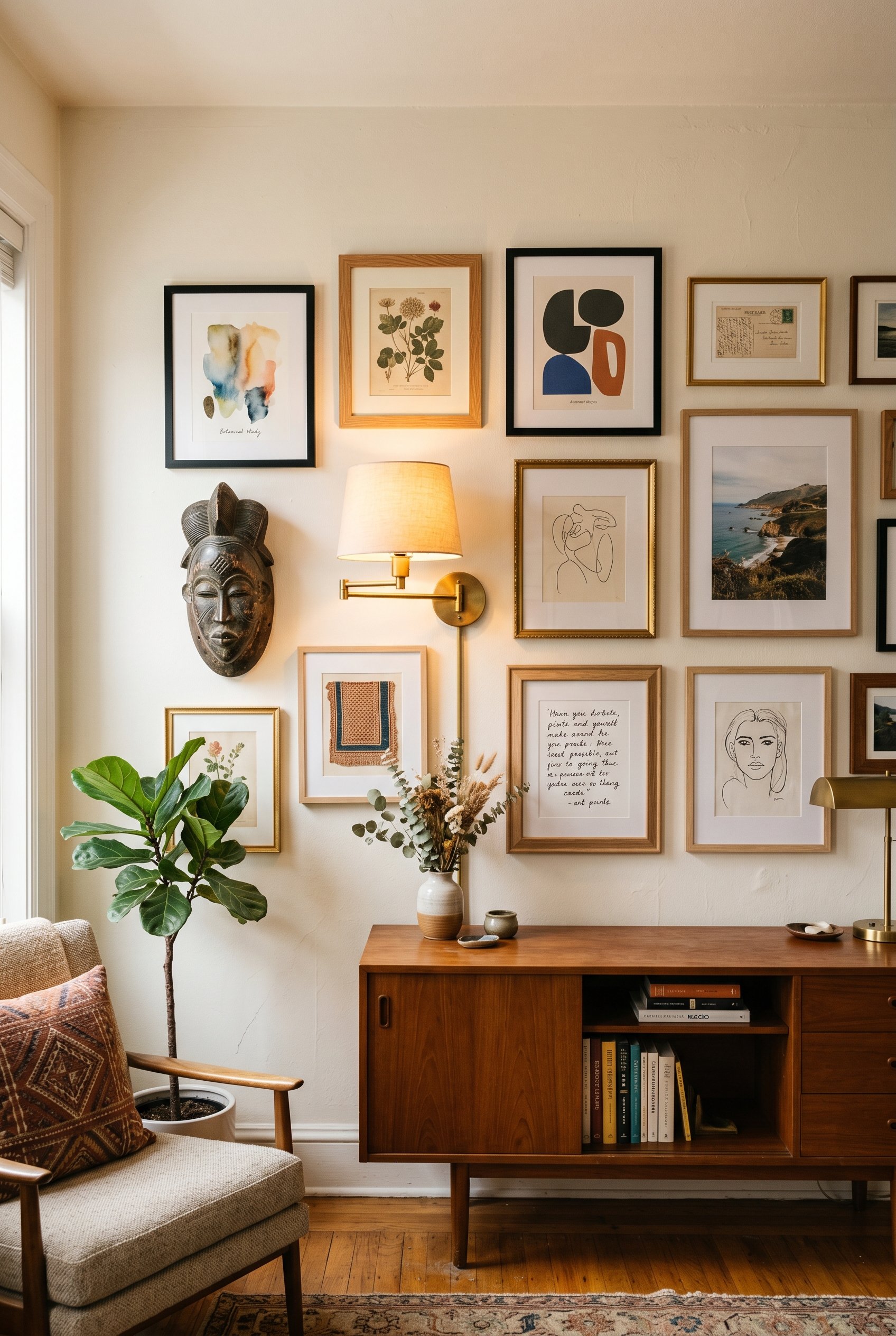 Photorealistic interior photo. A dynamic gallery wall featuring a mix of framed art prints, a vintage brass sconce, and a carved wooden mask. Warm, layered lighting, straight-on angle. Editorial photo