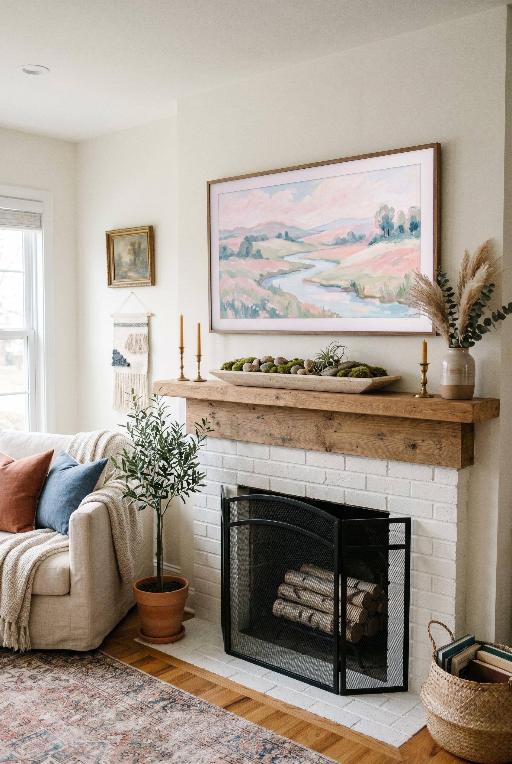Photorealistic interior photo. A flat-screen TV displaying vintage pastel landscape art above a wood mantle. A long, shallow travertine tray filled with green moss and smooth stones sits below the TV.