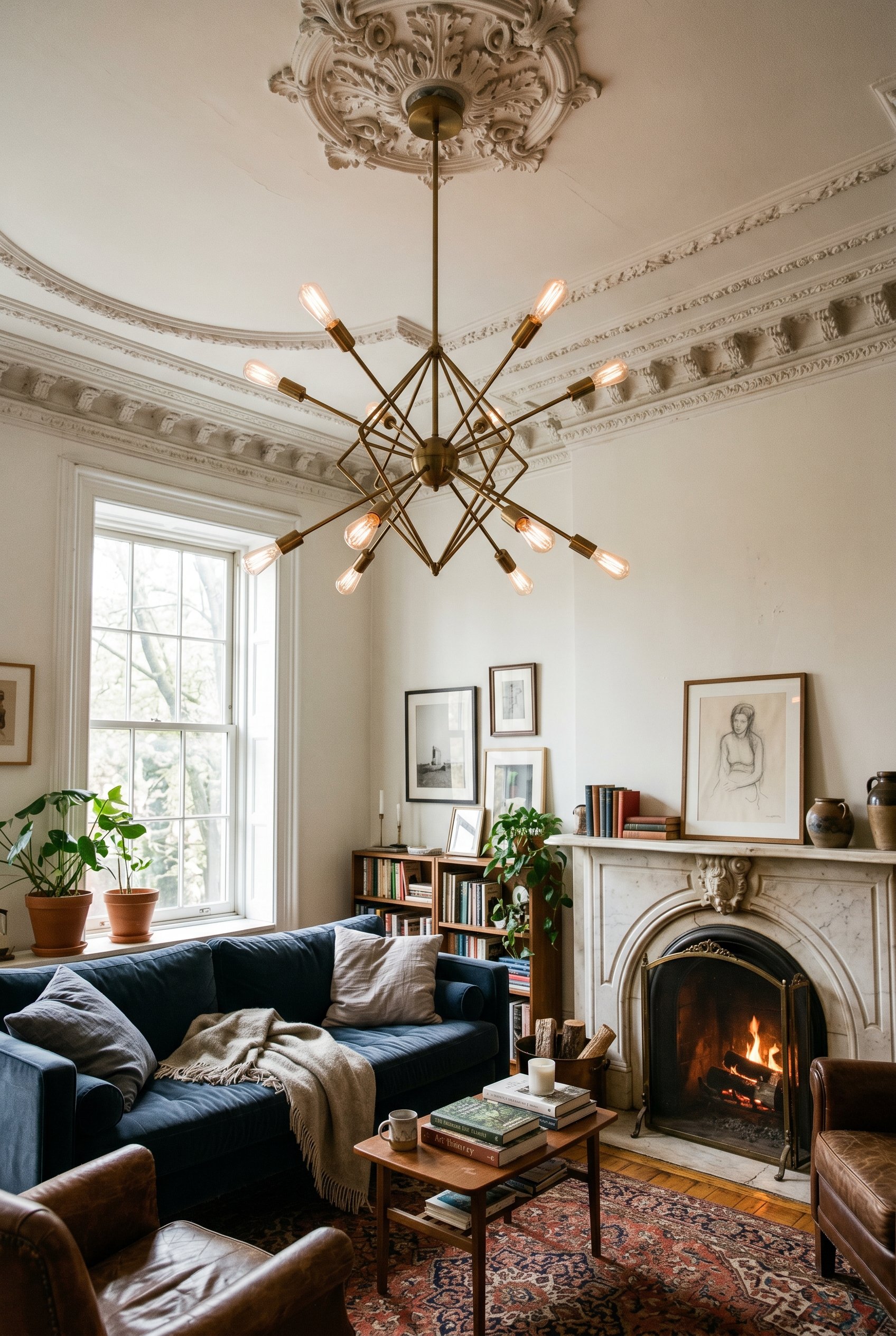 Photorealistic interior photo. A futuristic sputnik chandelier hanging in a historic living room with heavy, ornate traditional crown molding and a marble fireplace. Natural daylight, low upward angle