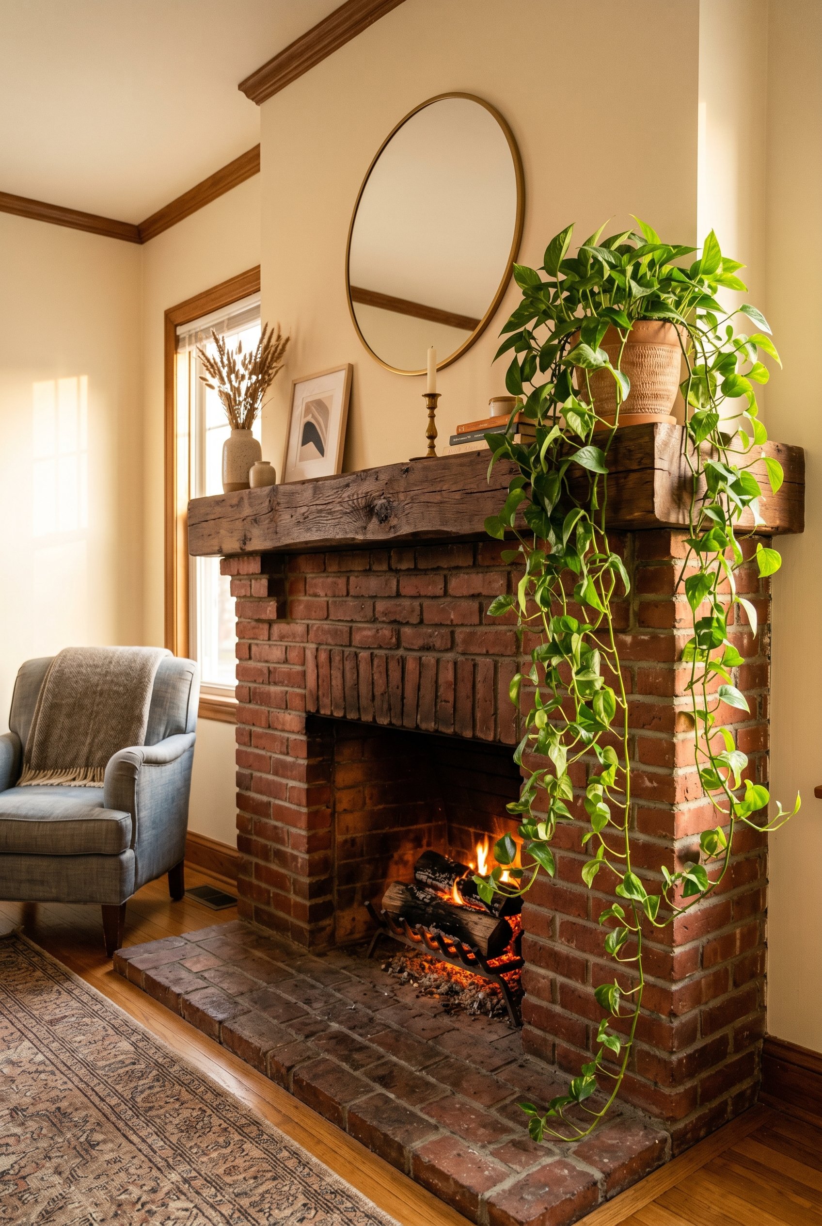 Photorealistic interior photo. A harsh red brick fireplace with a chunky wood mantel. A lush trailing pothos plant sits on the far right corner, its vines cascading down and softening the rigid brick 