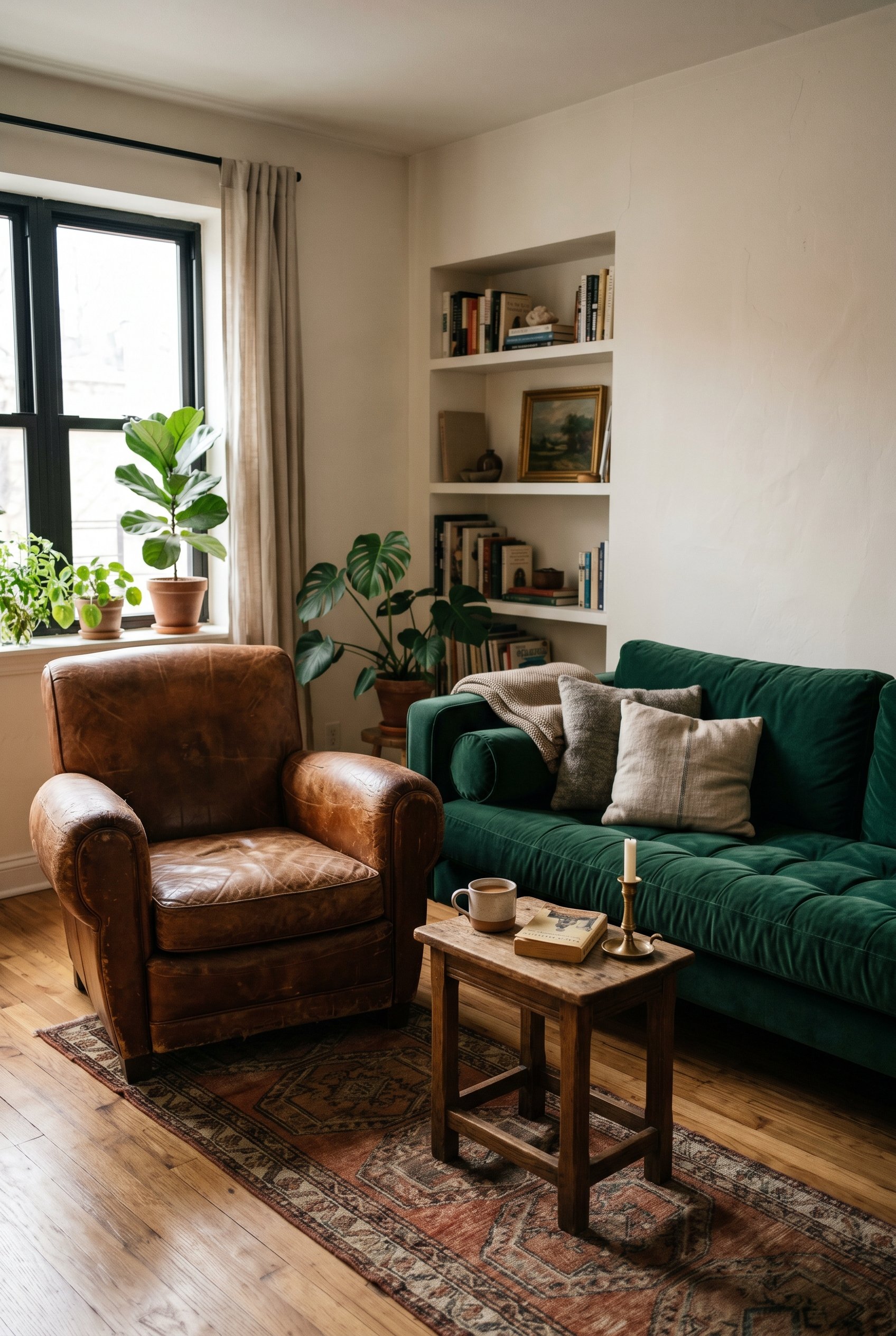Photorealistic interior photo. A heavily distressed, worn cognac leather vintage club chair sits next to a pristine dark emerald green velvet sofa. Moody, soft diffused lighting highlighting the textu