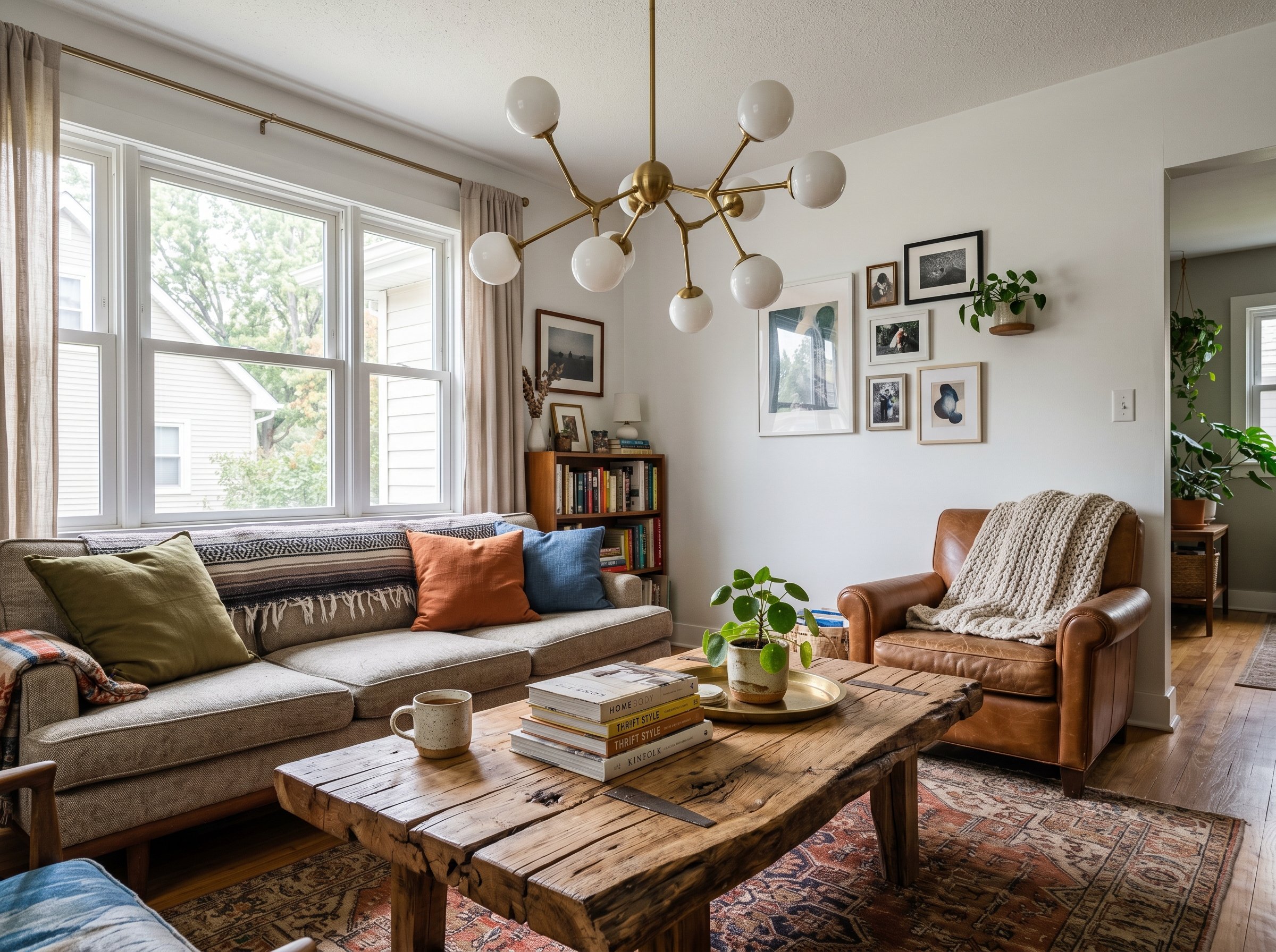 Photorealistic interior photo. A high-end modern sculptural chandelier hanging above an eccentric, thrifted raw wood coffee table. Crisp, natural daylight, wide angle. Editorial photography style, no