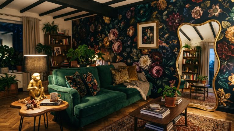Photorealistic interior photo. A highly curated, whimsical living room featuring deep jewel tones, a giant dark floral wall mural, a glowing brass monkey lamp on a blob-shaped side table, and a wavy f
