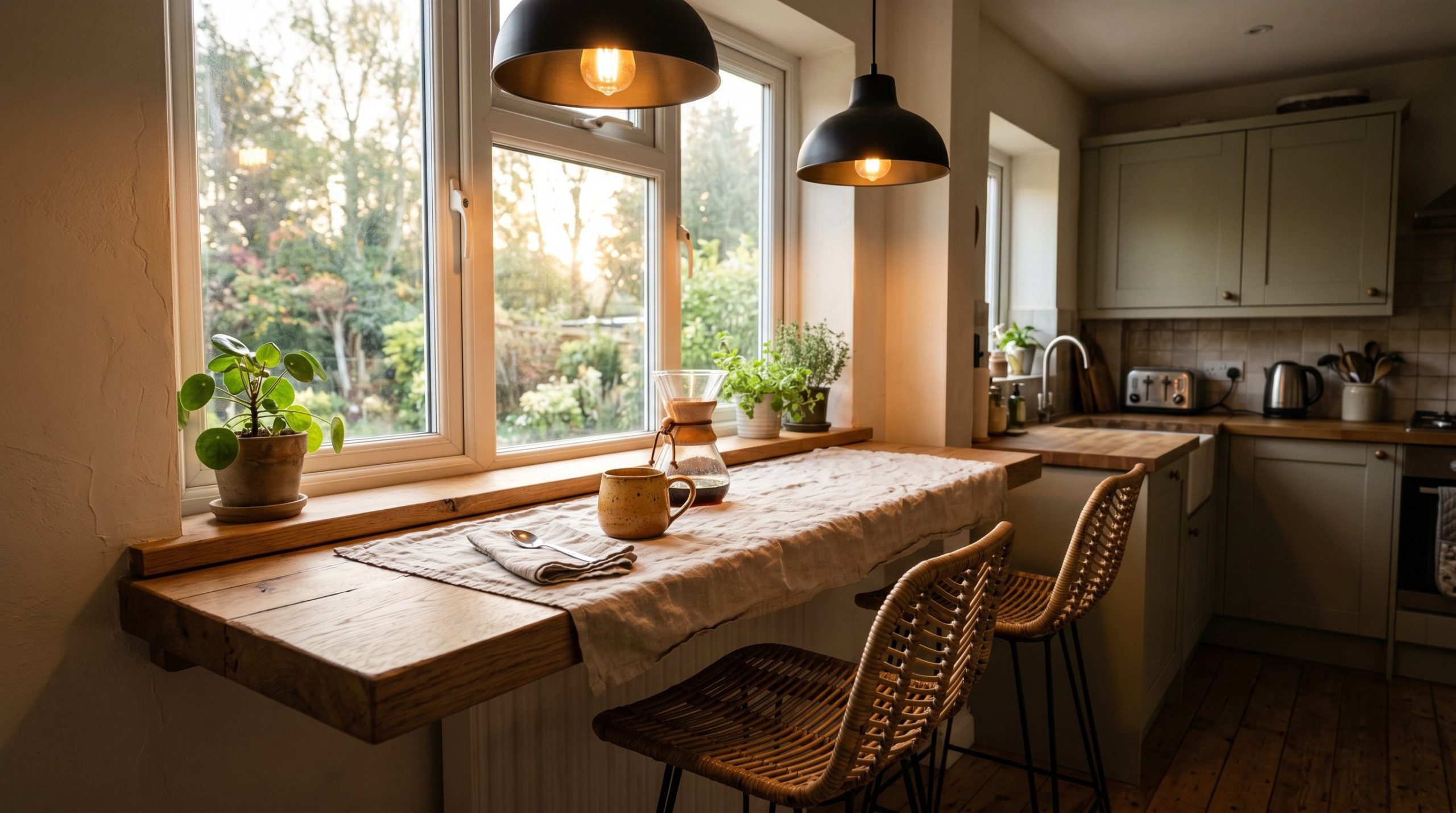 Photorealistic interior photo. A highly textured, cozy breakfast bar setting the mood for a quiet morning. A thick white oak ledge mounted beneath a large window, accompanied by two woven rattan and b